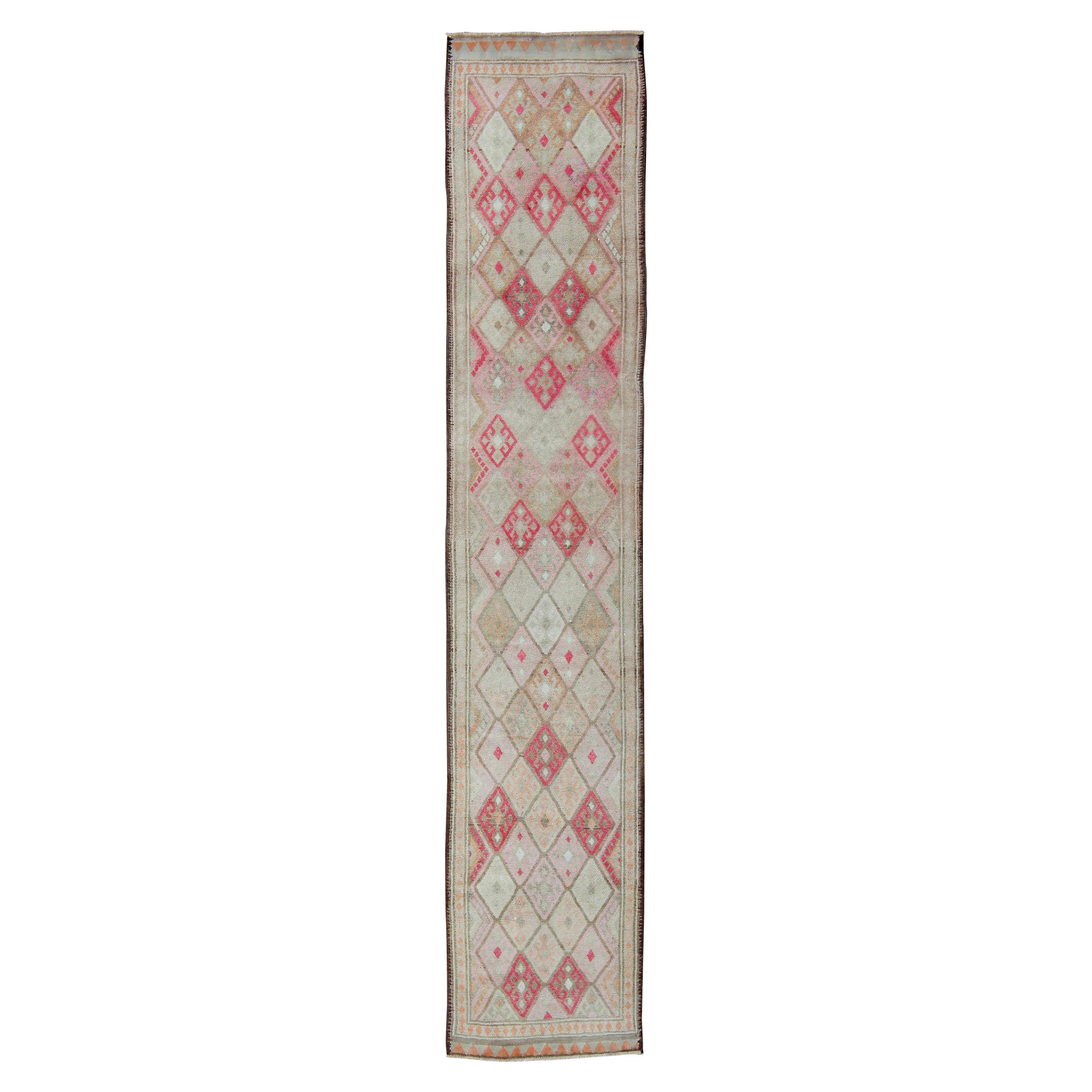 Runner turco vintage rosa, avorio, taupe, verde/grigio con disegno a diamante