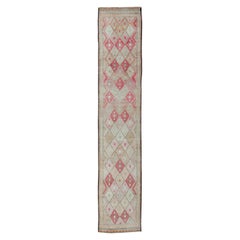 Pink, Ivory, Taupe, Green/Gray Vintage Turkish Runner with Diamond Design