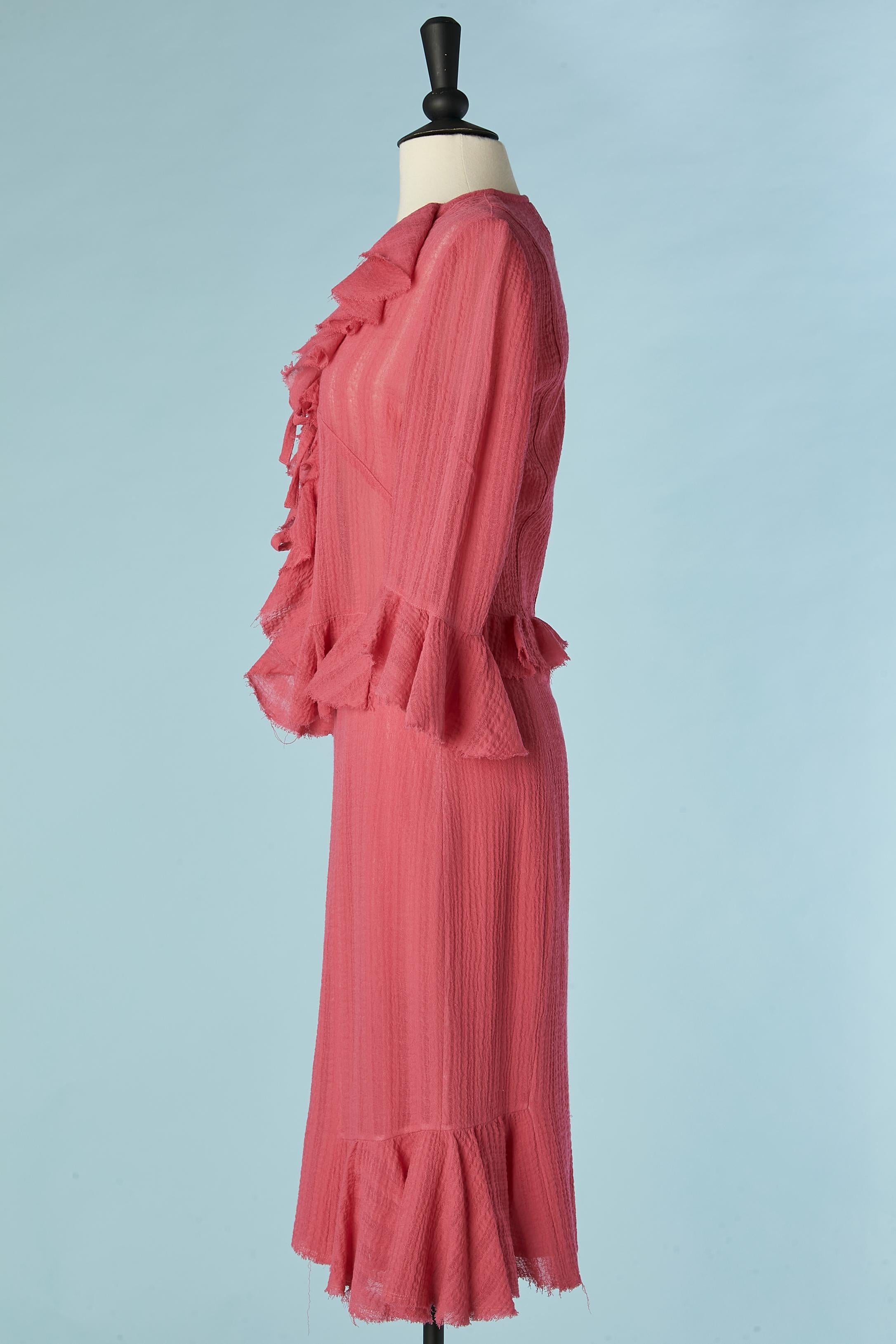 Pink jacket and skirt in thin wool with ruffles  Christian Lacroix BAZAR For Sale 1