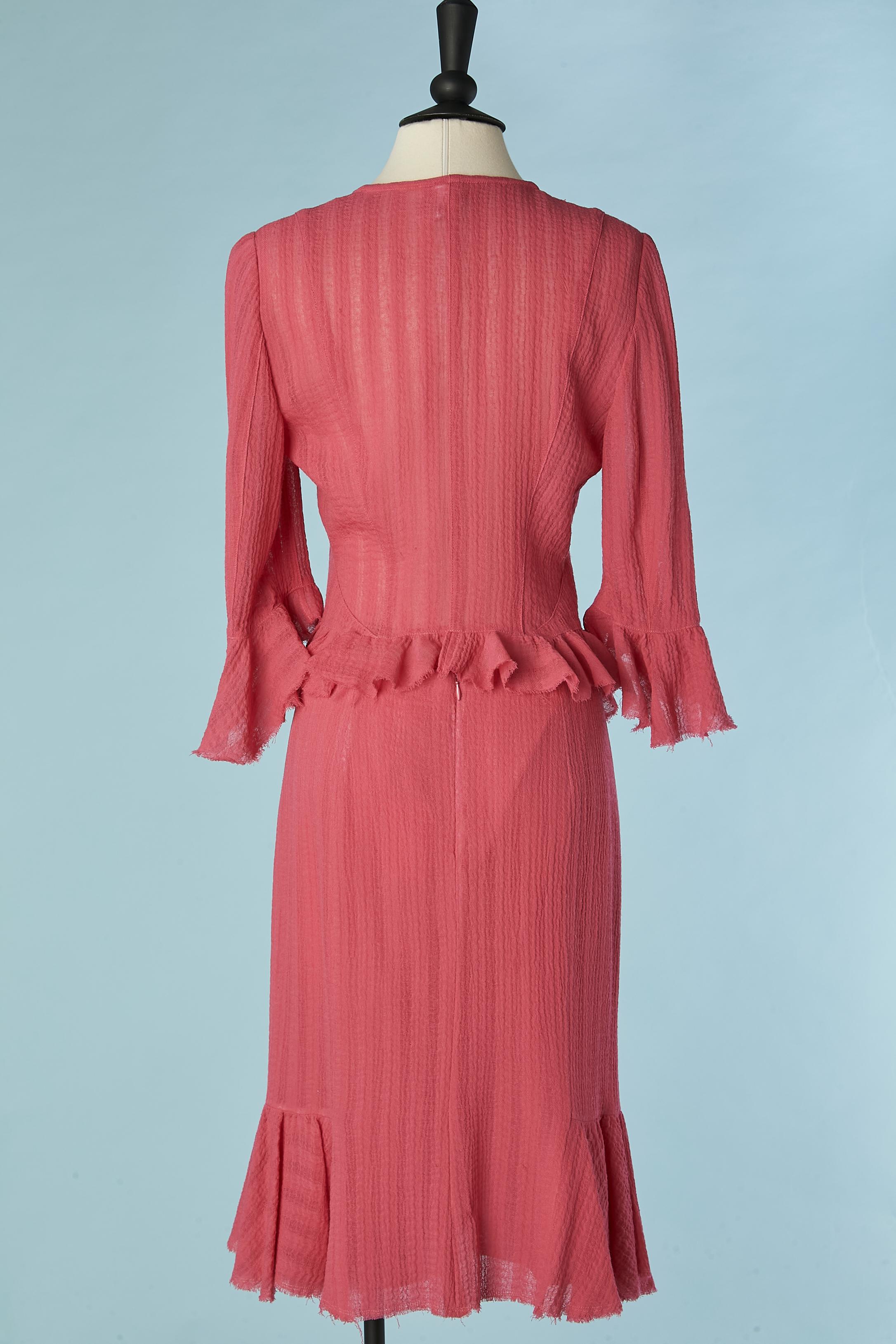 Pink jacket and skirt in thin wool with ruffles  Christian Lacroix BAZAR For Sale 2