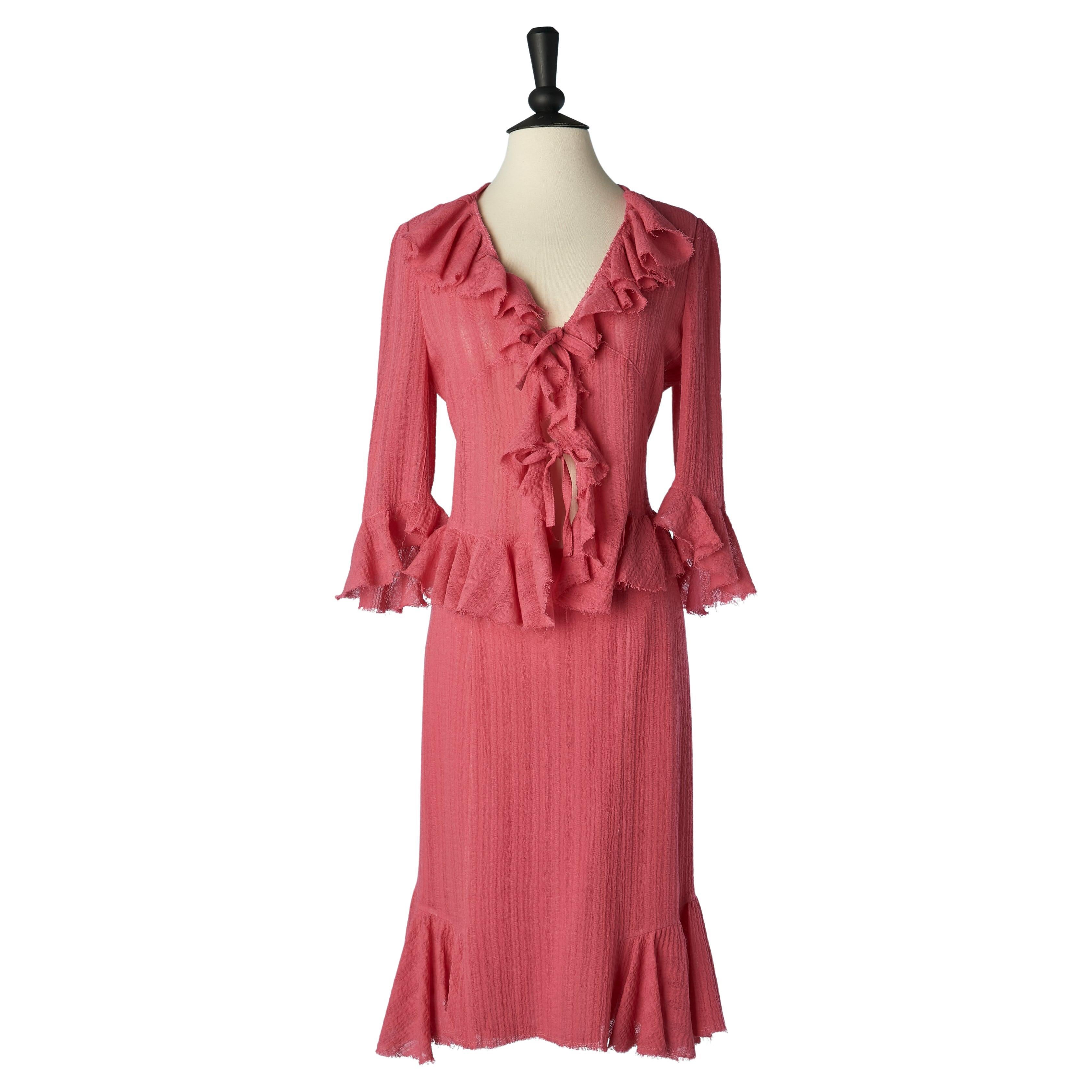 Pink jacket and skirt in thin wool with ruffles  Christian Lacroix BAZAR