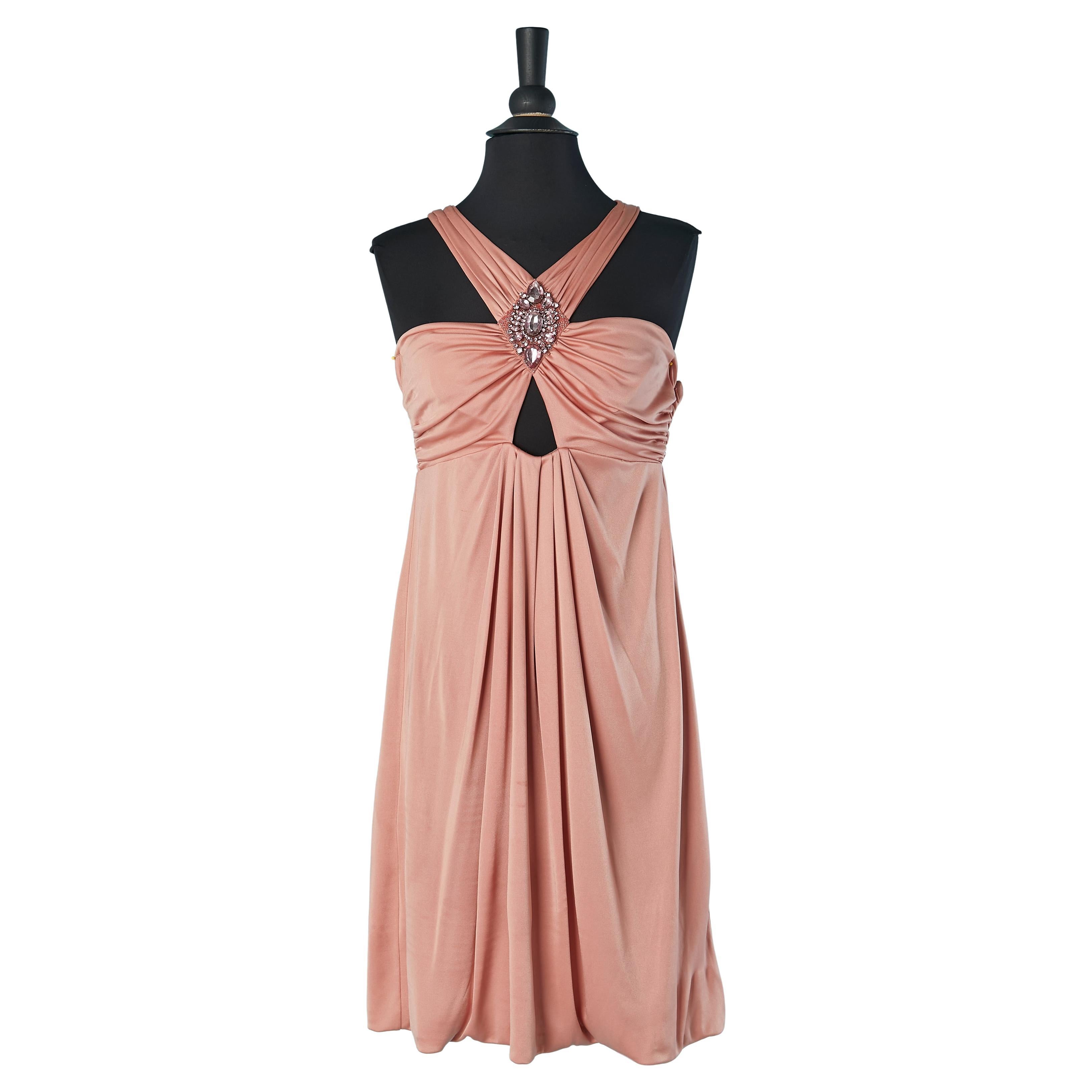 Pink jersey draped cocktail dress with rhinestone embellishment BLUMARINE