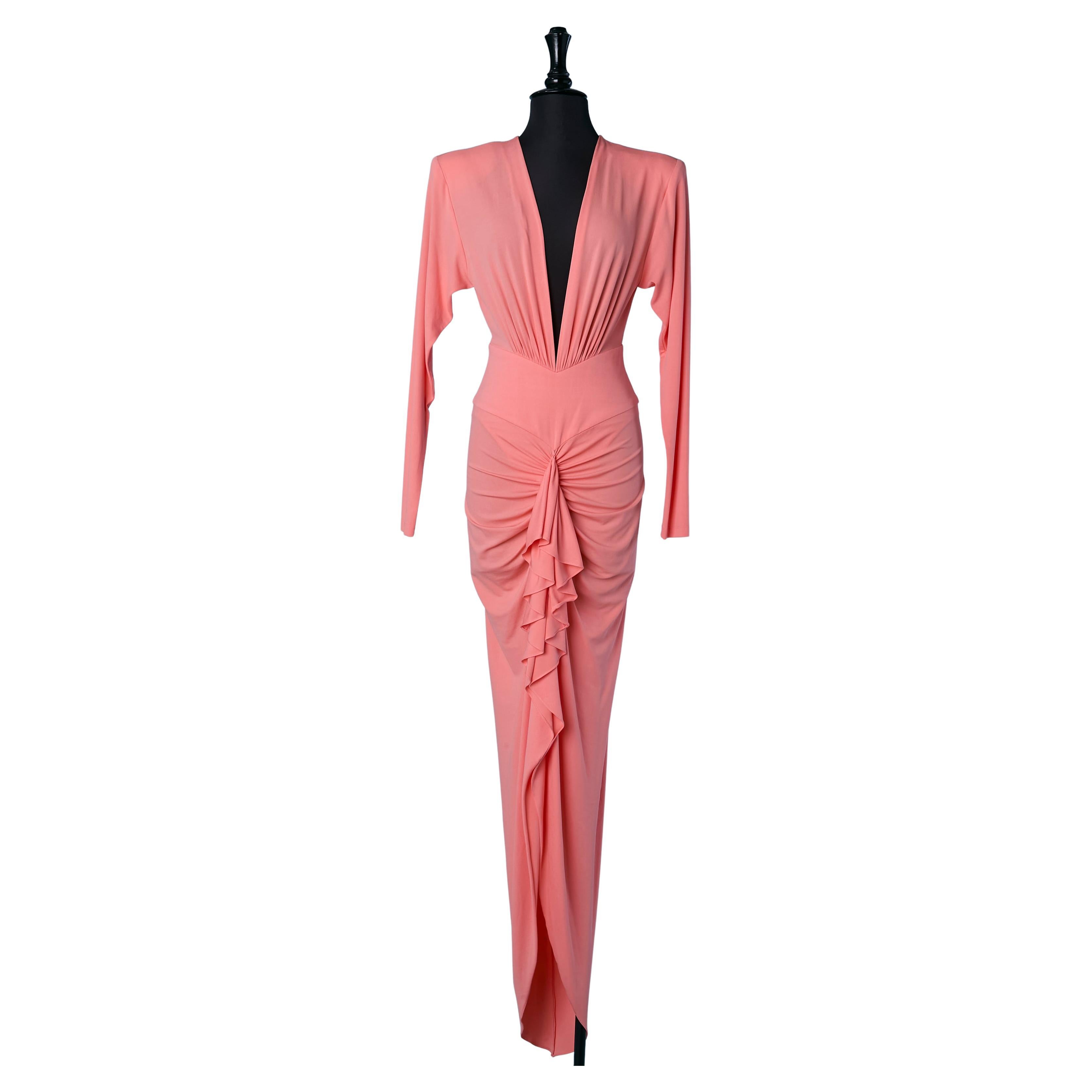 Pink jersey evening dress draped and ruffled with deep V neck ALEXANDRE VAUTHIER