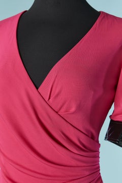 Pink jersey wrapped dress with black vinyl details MOSCHINO COUTURE