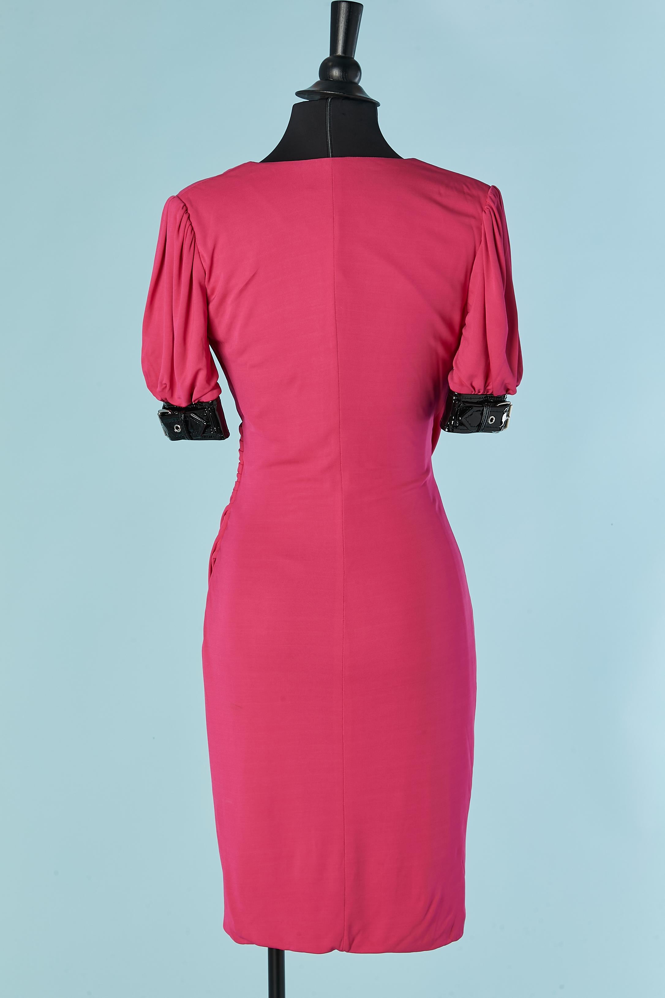 Pink jersey wrapped dress with black vinyl details MOSCHINO COUTURE For Sale 2
