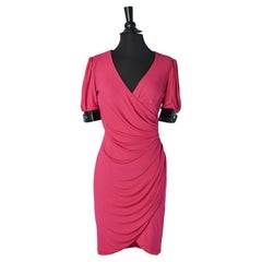 Pink jersey wrapped dress with black vinyl details MOSCHINO COUTURE