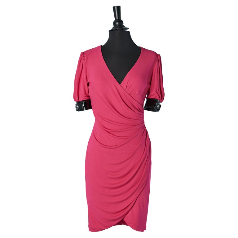 Pink jersey wrapped dress with black vinyl details MOSCHINO COUTURE For  Sale at 1stDibs