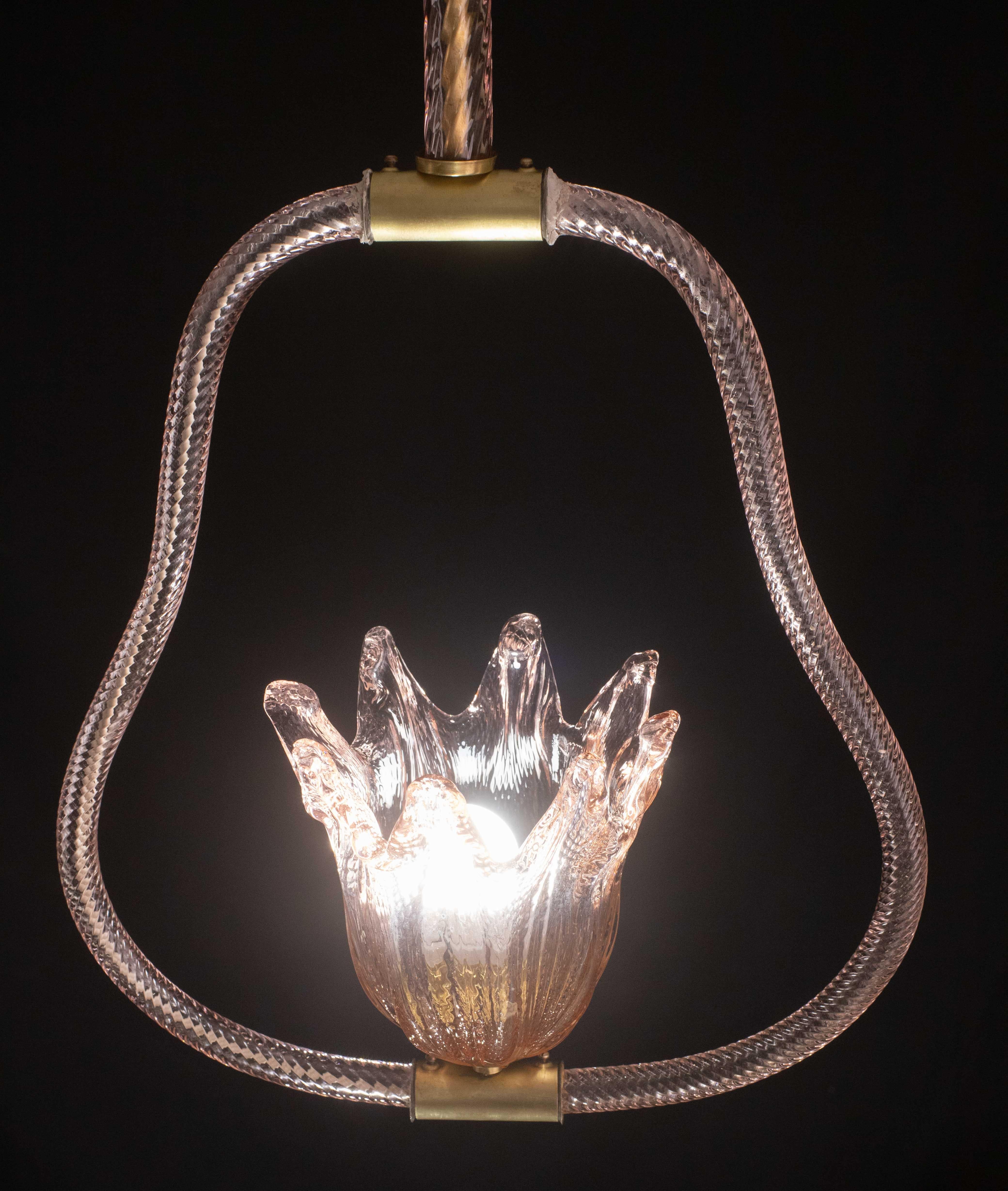 Lustre en verre de Murano de couleur rose par Barovier e Toso, années 1950 en vente 3