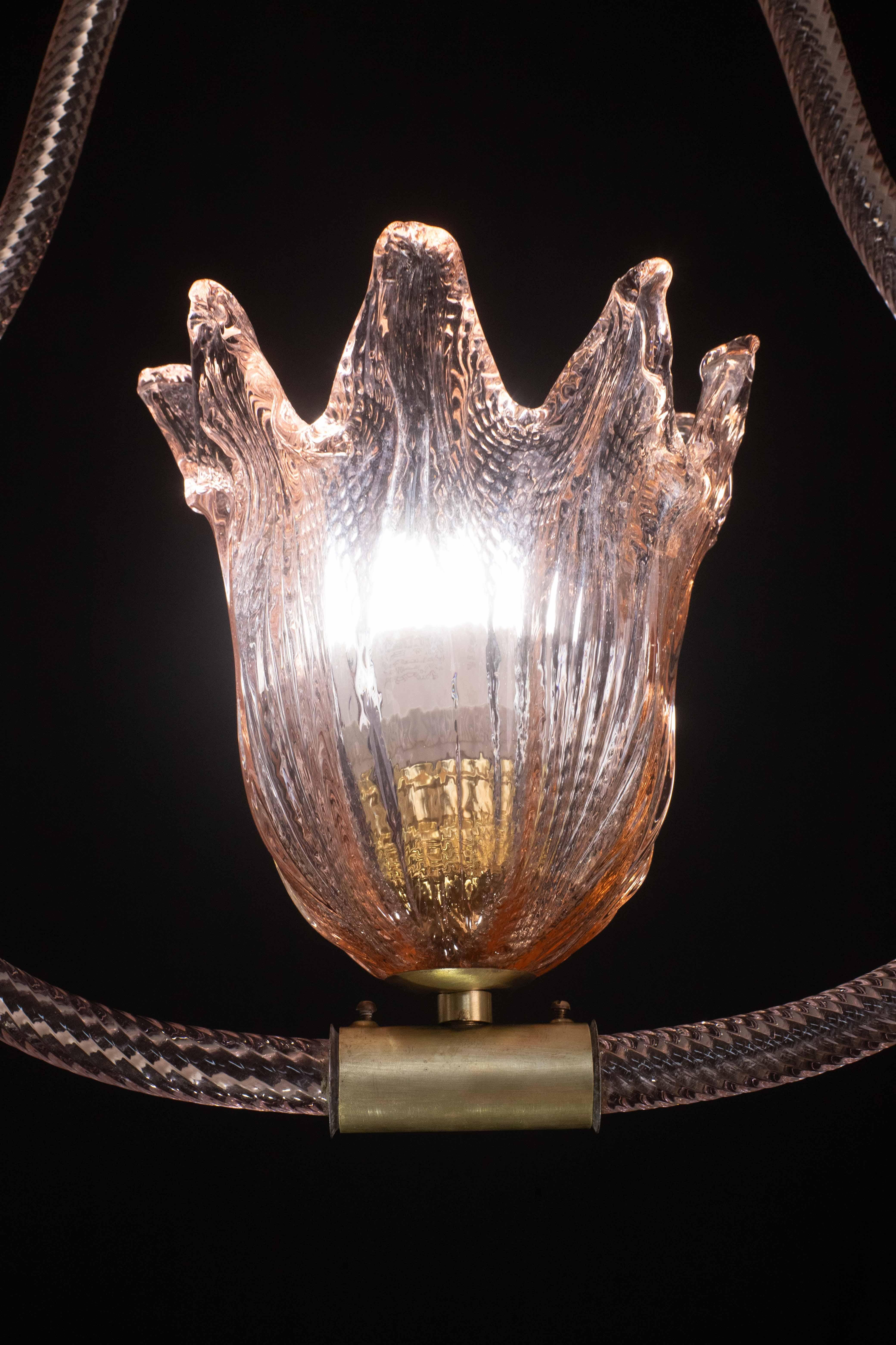 Lustre en verre de Murano de couleur rose par Barovier e Toso, années 1950 en vente 4