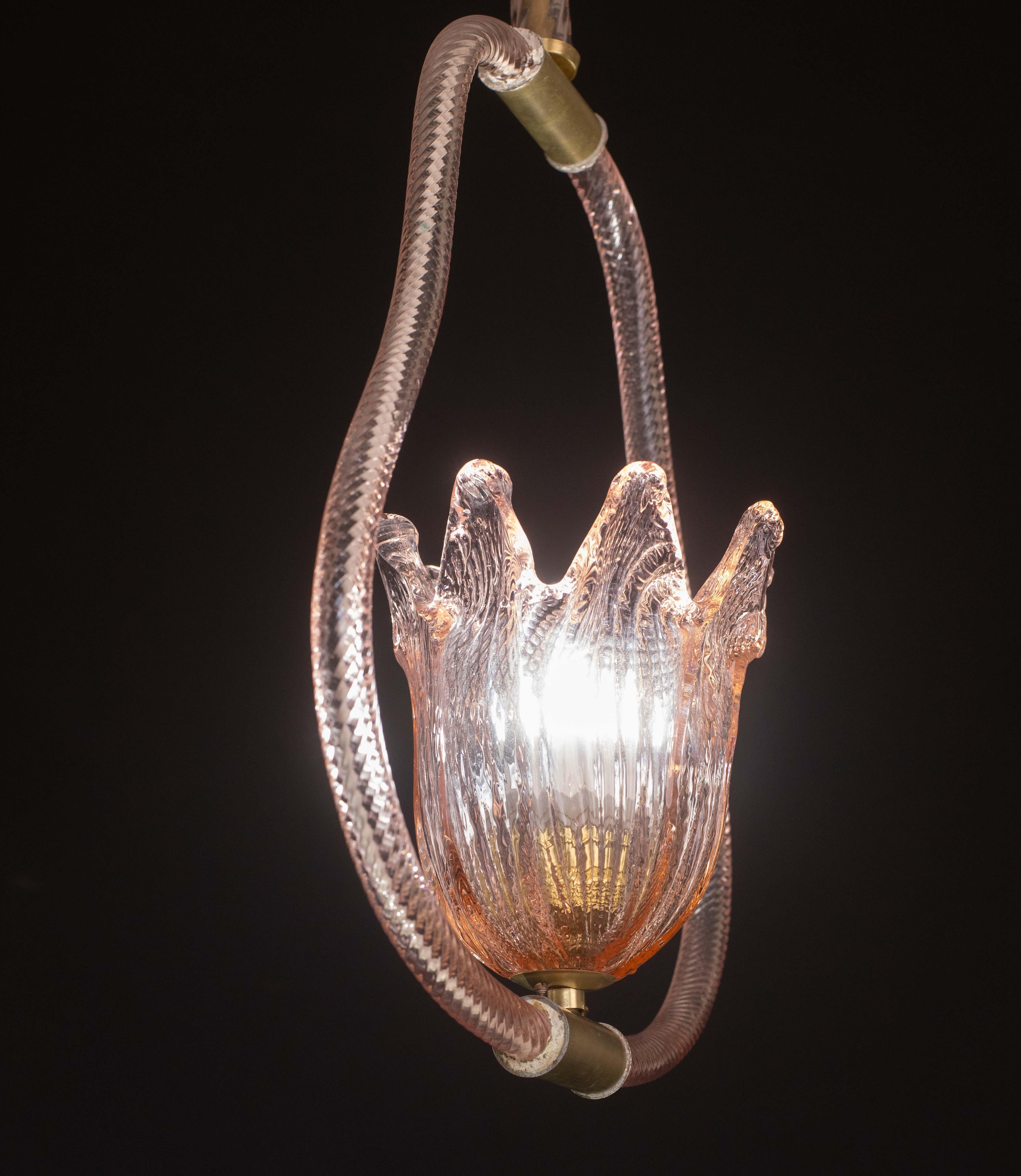 Lustre en verre de Murano de couleur rose par Barovier e Toso, années 1950 en vente 5