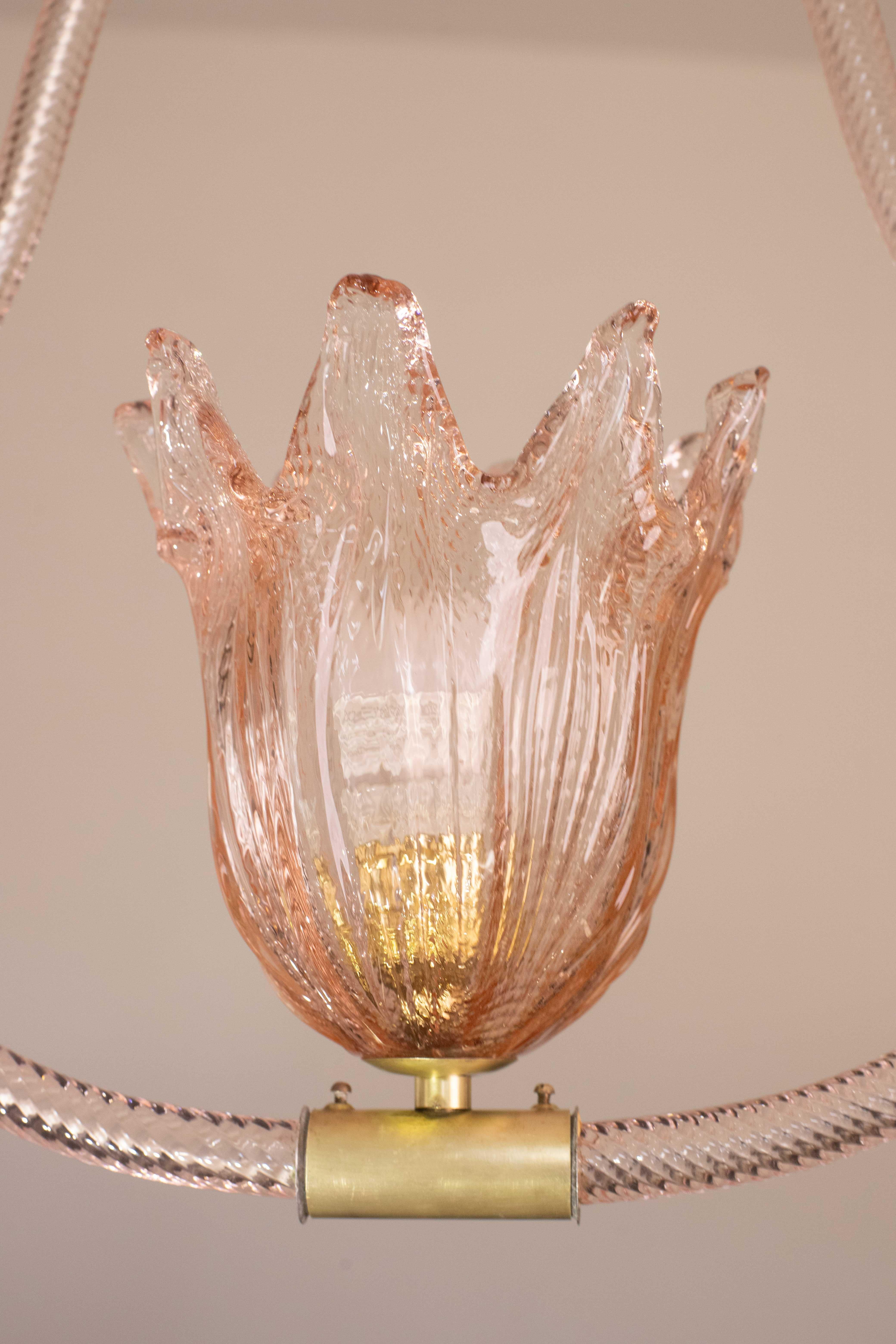 Lustre en verre de Murano de couleur rose par Barovier e Toso, années 1950 en vente 7