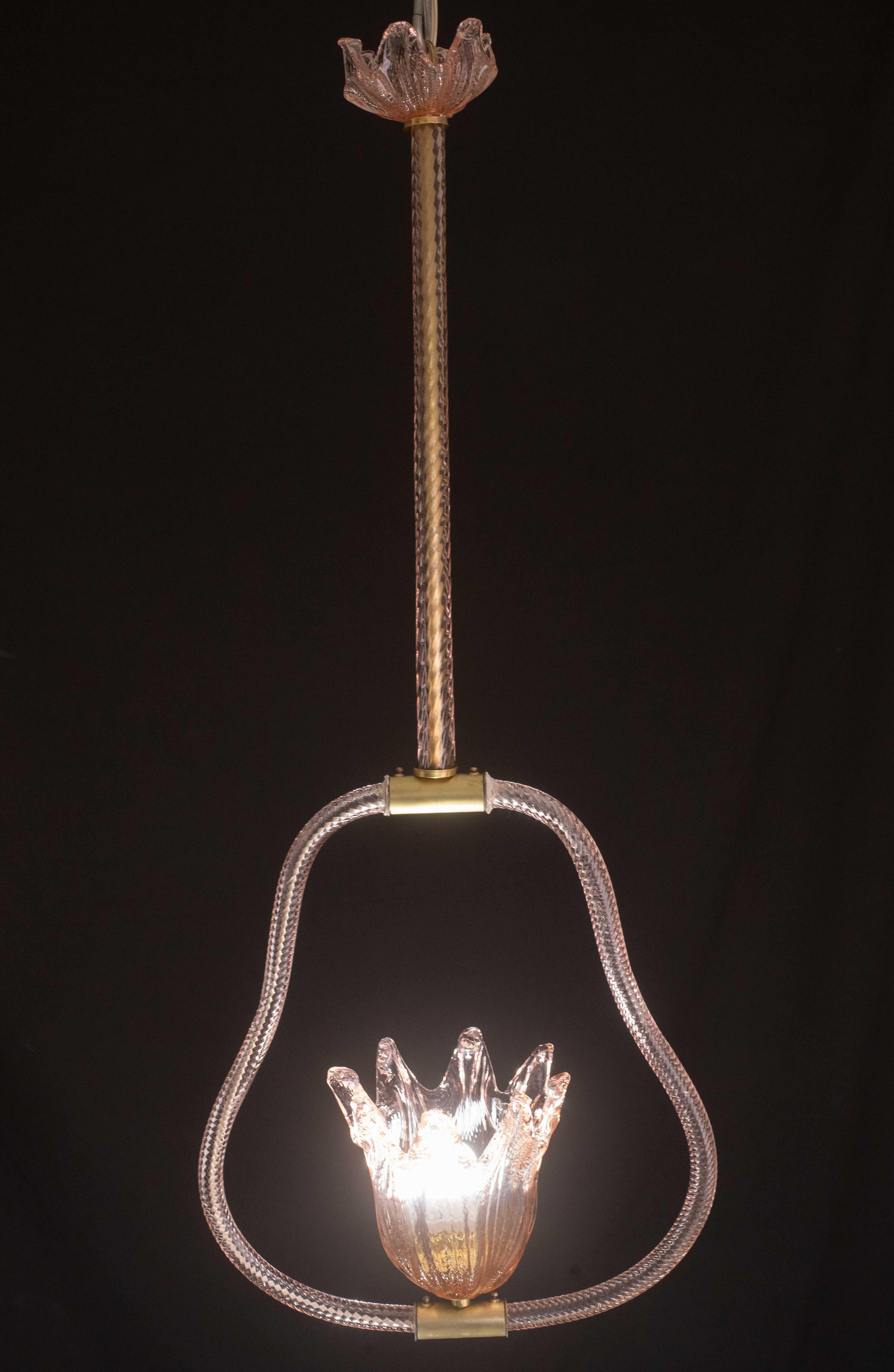 Lustre en verre de Murano de couleur rose par Barovier e Toso, années 1950 en vente 2