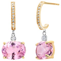 Pink Kunzite and Diamond Yellow Gold Hoop Drop Earrings Weighing 11 Carat