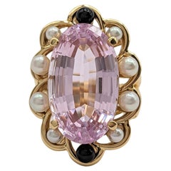 Pink Kunzite and Pearl Ring in 18K Yellow Gold