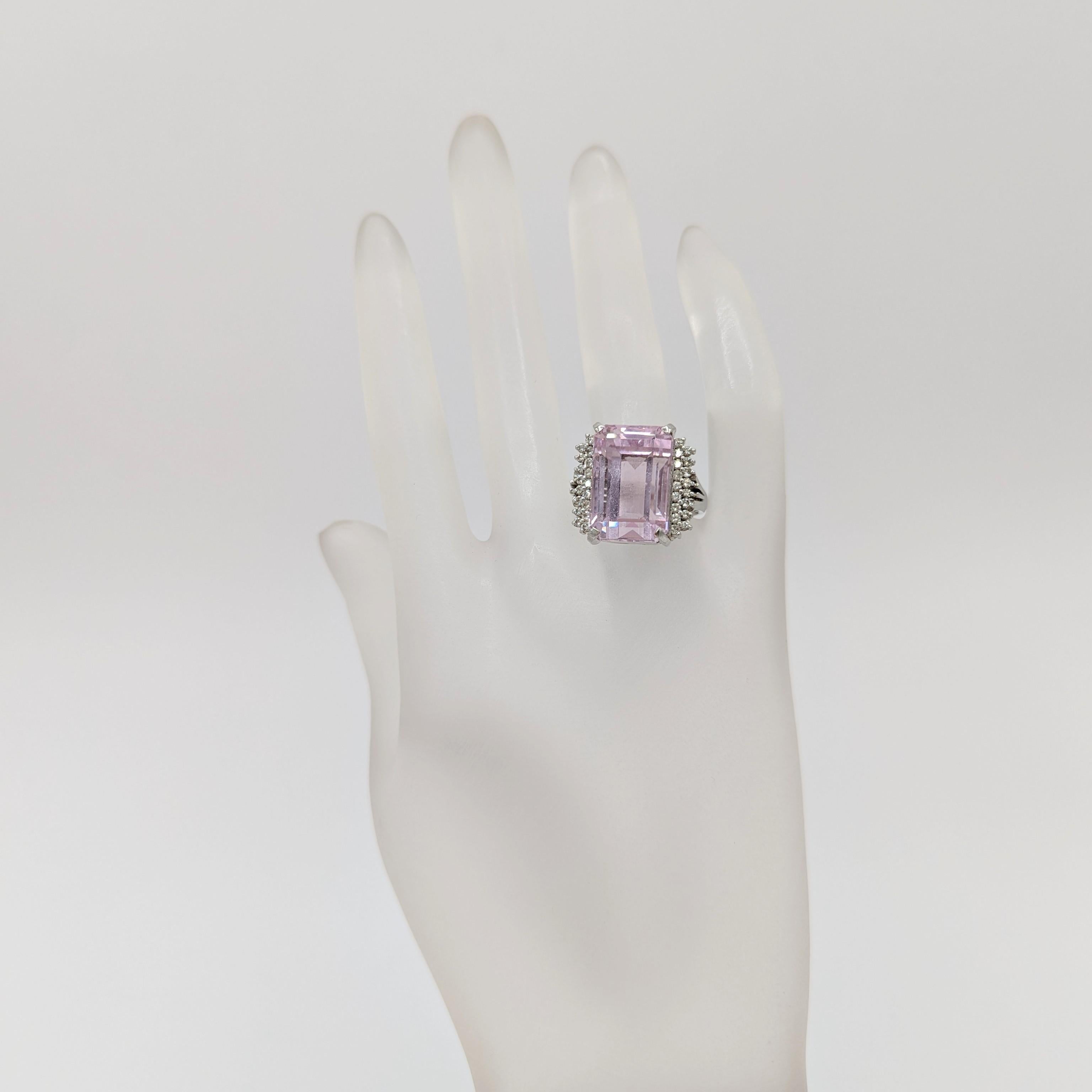 Emerald Cut Pink Kunzite and White Diamond Cocktail Ring in 18K White Gold For Sale