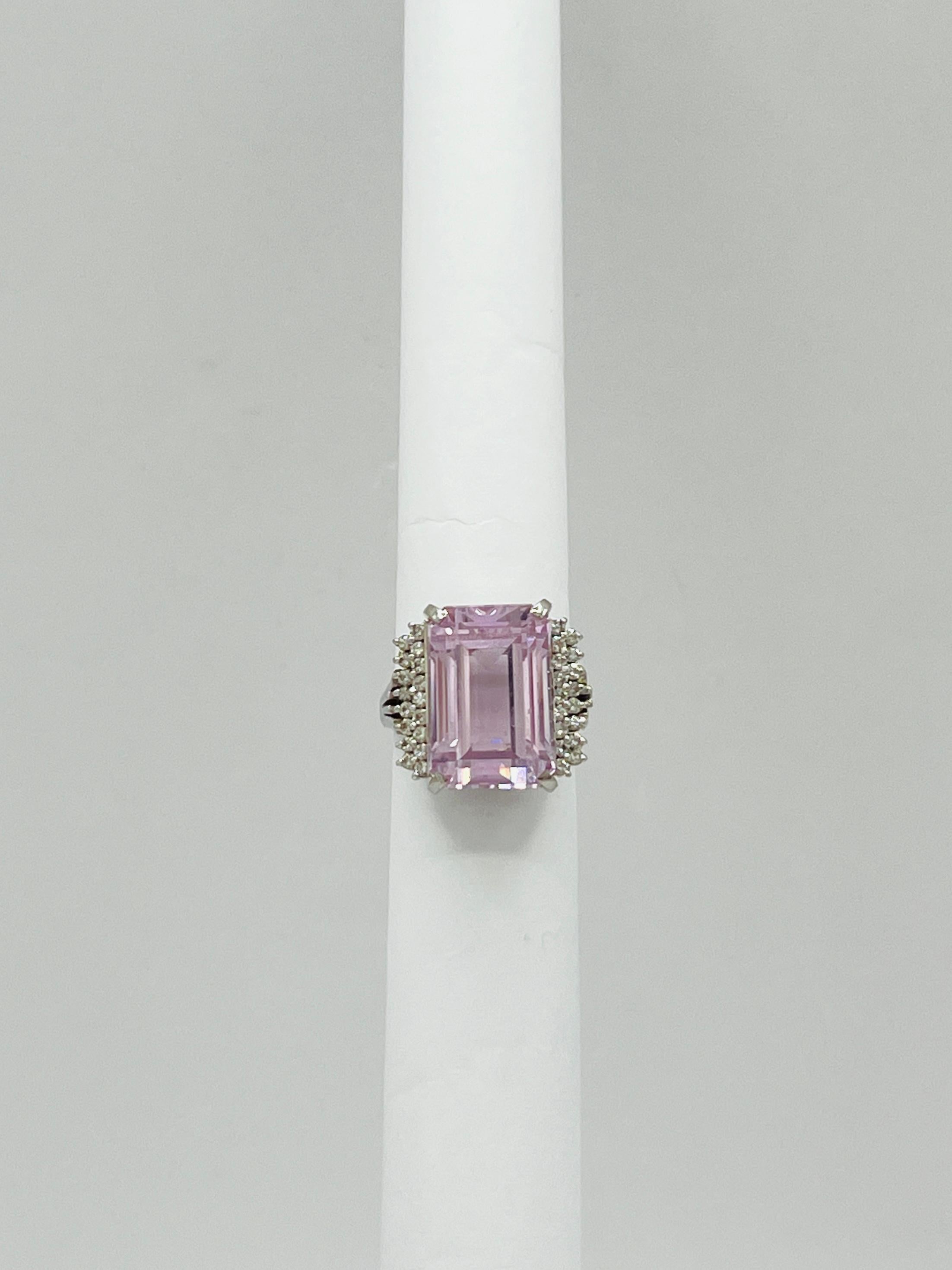 Emerald Cut Pink Kunzite and White Diamond Cocktail Ring in 18K White Gold For Sale