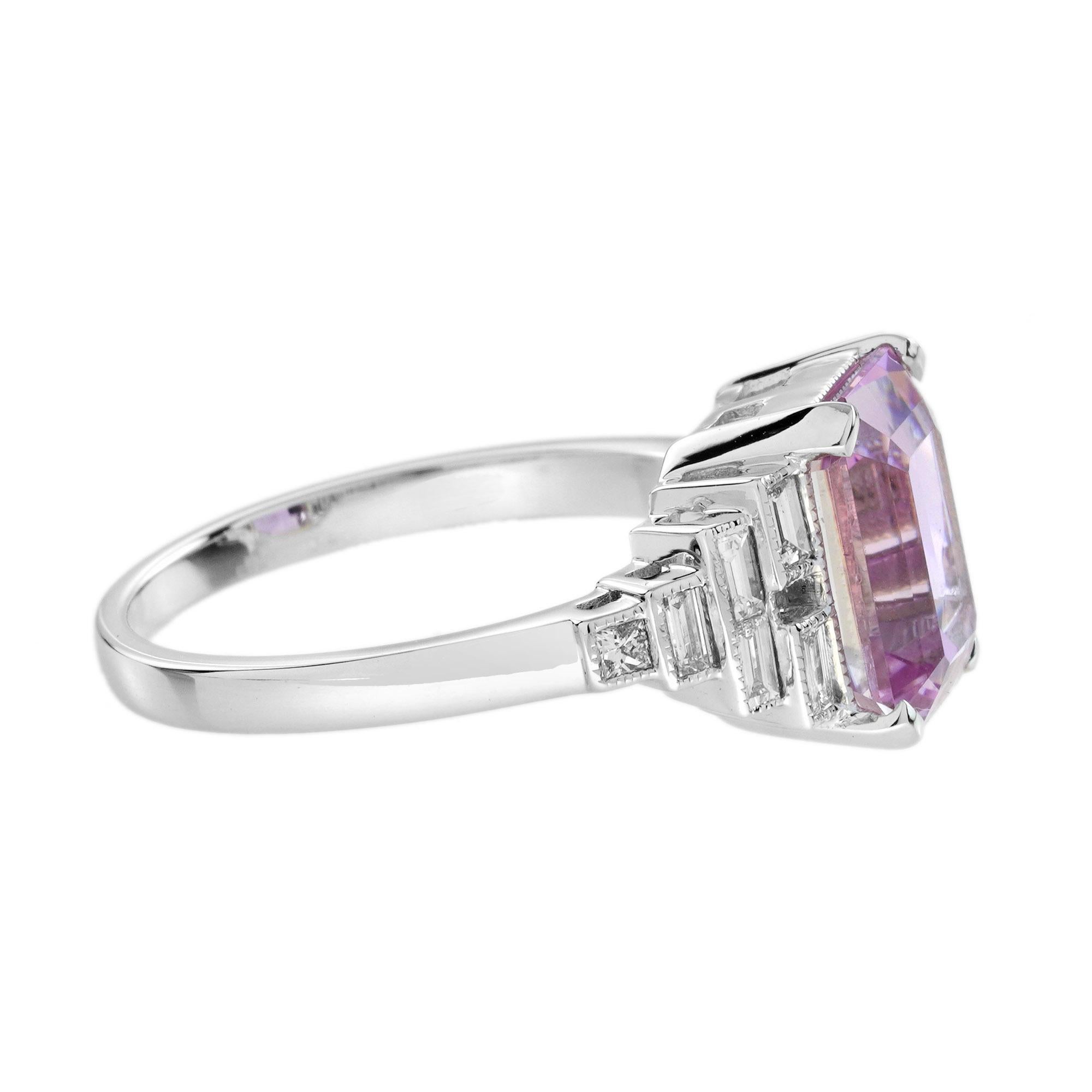 Emerald Cut Pink Kunzite Baguette Diamond Art Deco Style Engagement Ring in 18 White Gold For Sale