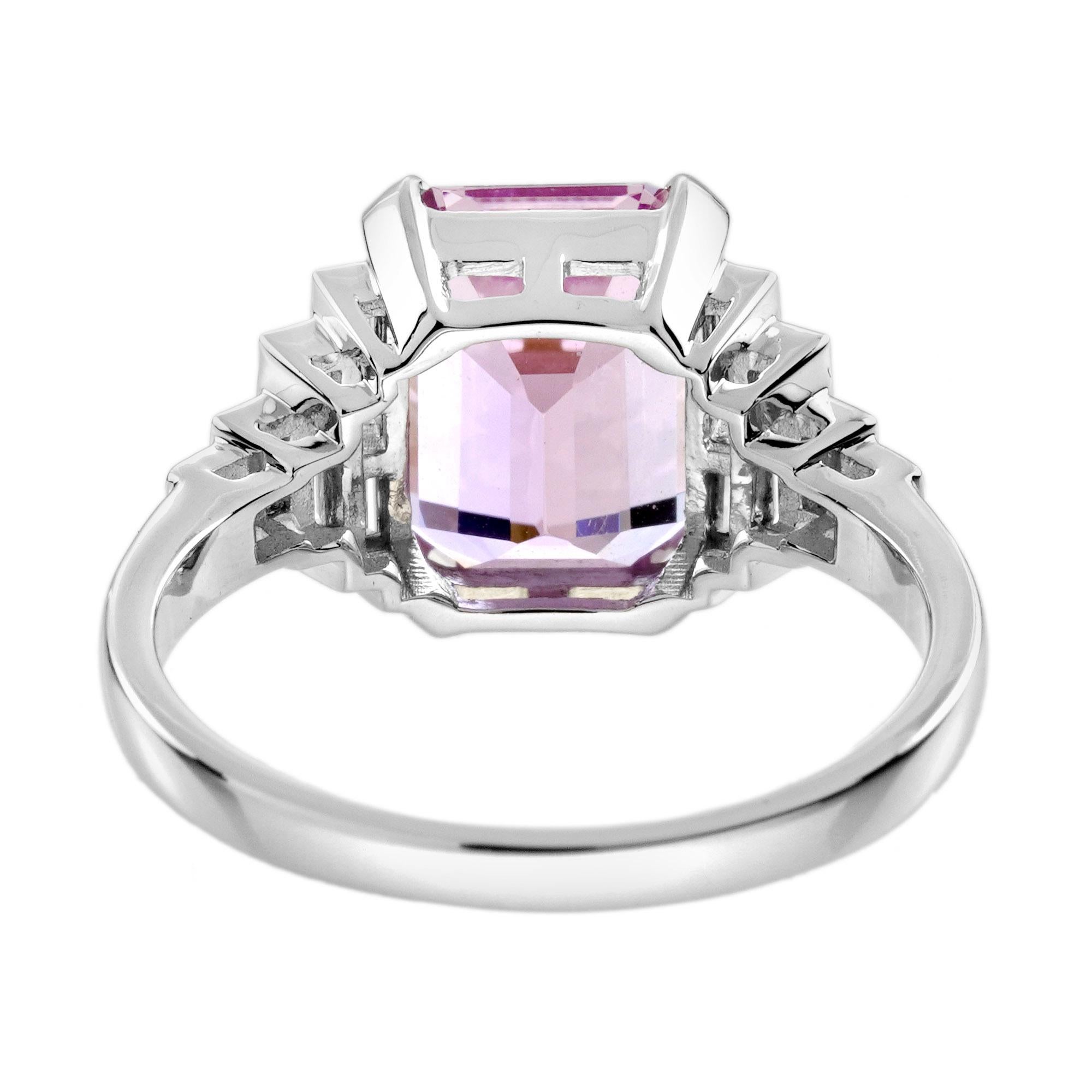Bague de fiançailles en or blanc 18 carats, Kunzite rose, diamant baguette, style Art déco 1