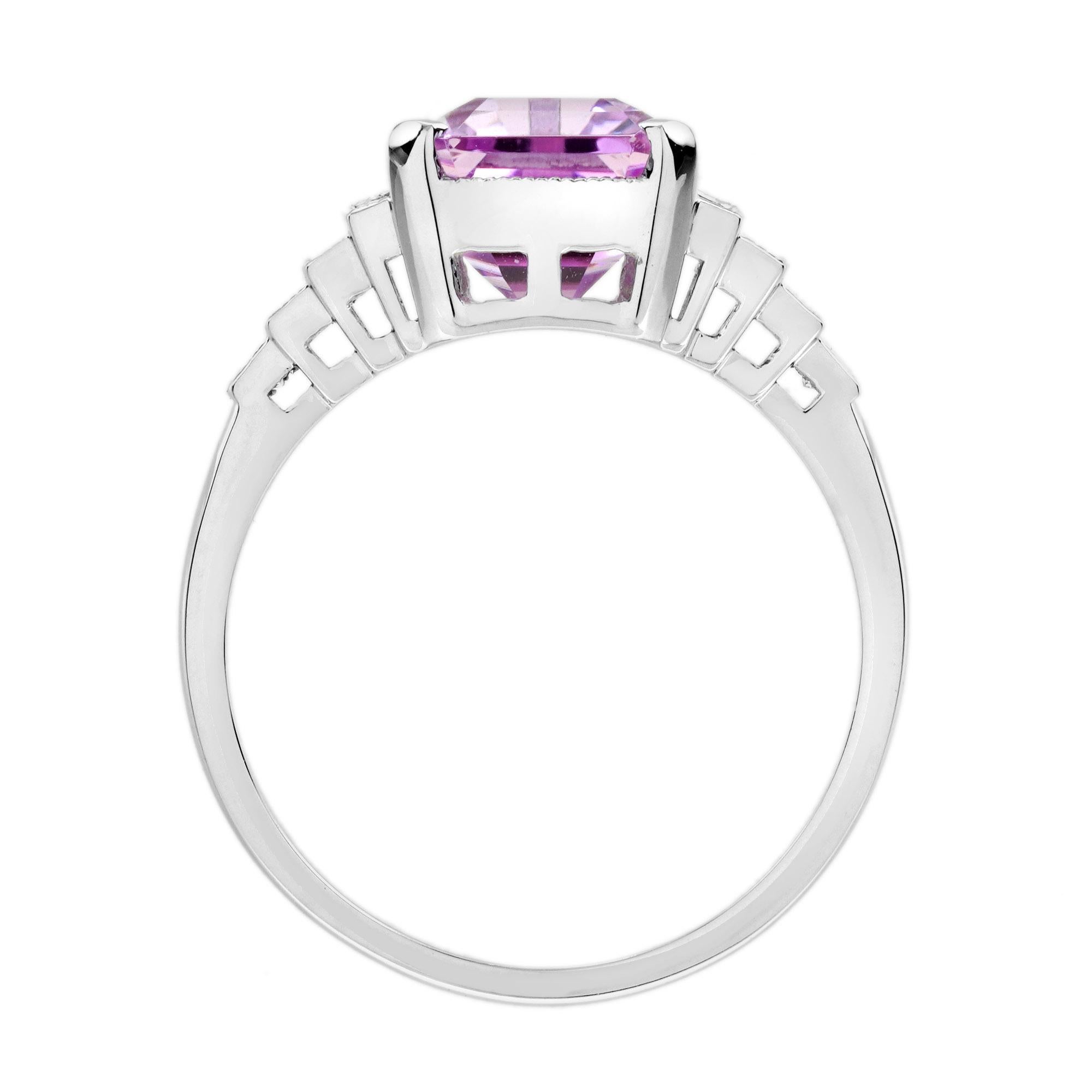 Bague de fiançailles en or blanc 18 carats, Kunzite rose, diamant baguette, style Art déco 2