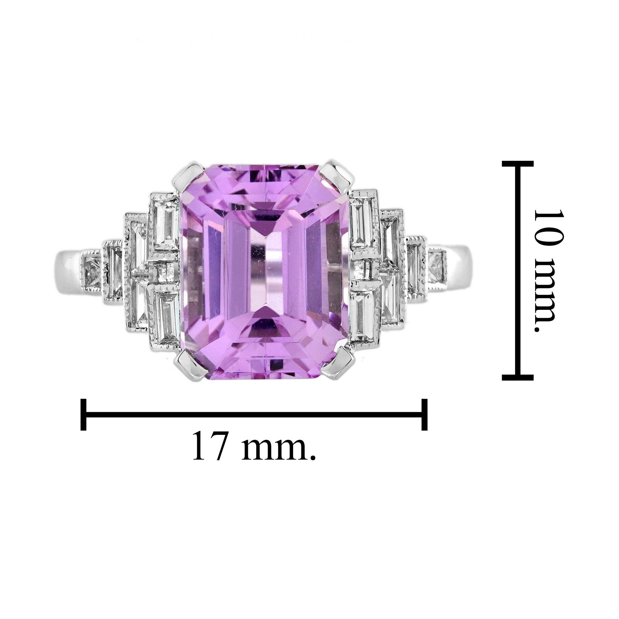 Bague de fiançailles en or blanc 18 carats, Kunzite rose, diamant baguette, style Art déco 3