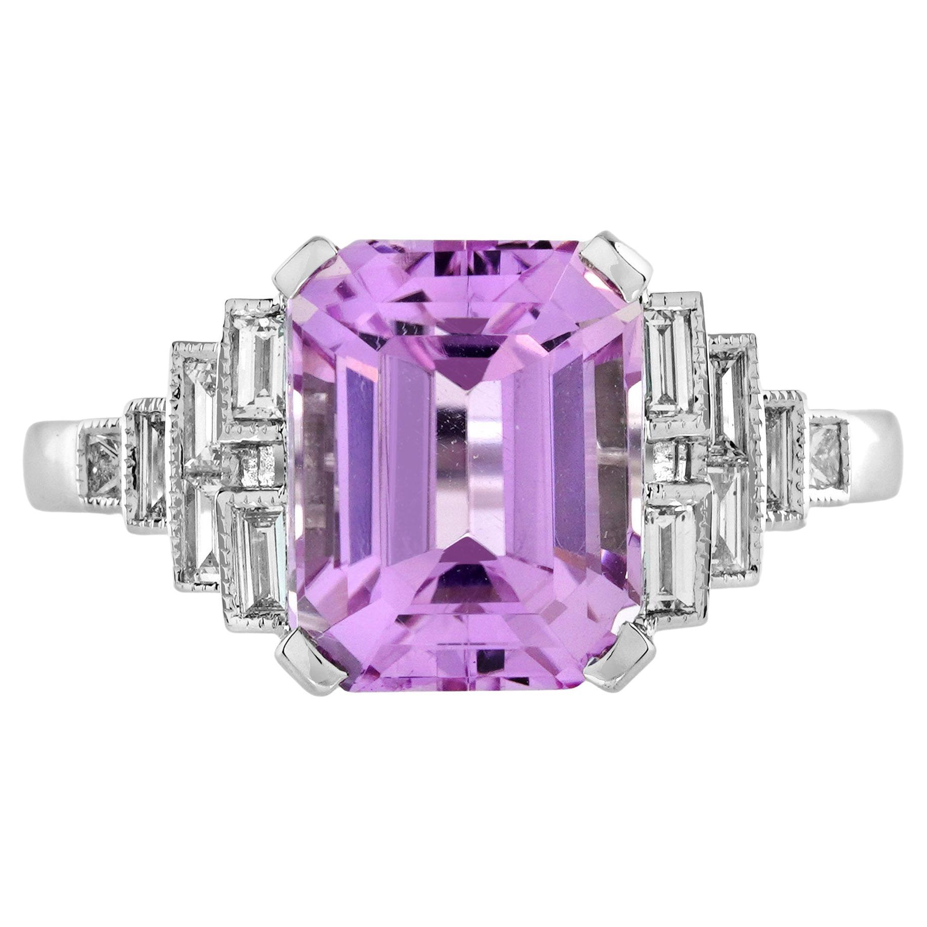 Pink Kunzite Baguette Diamond Art Deco Style Engagement Ring in 18 White Gold For Sale