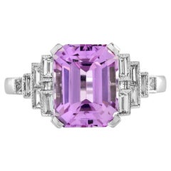 Pink Kunzite Baguette Diamond Art Deco Style Engagement Ring in 18 White Gold