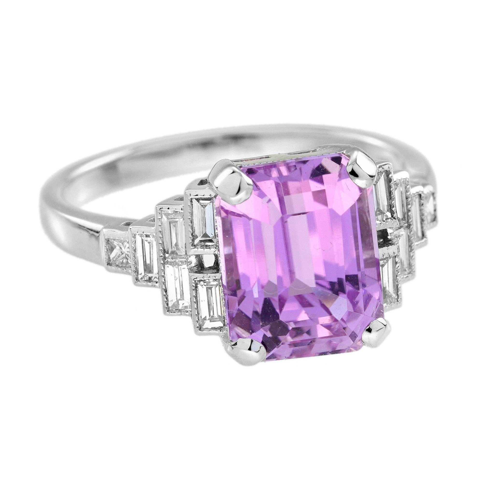 Emerald Cut Pink Kunzite Baguette Diamond Art Deco Style Engagement Ring in 18K White Gold For Sale