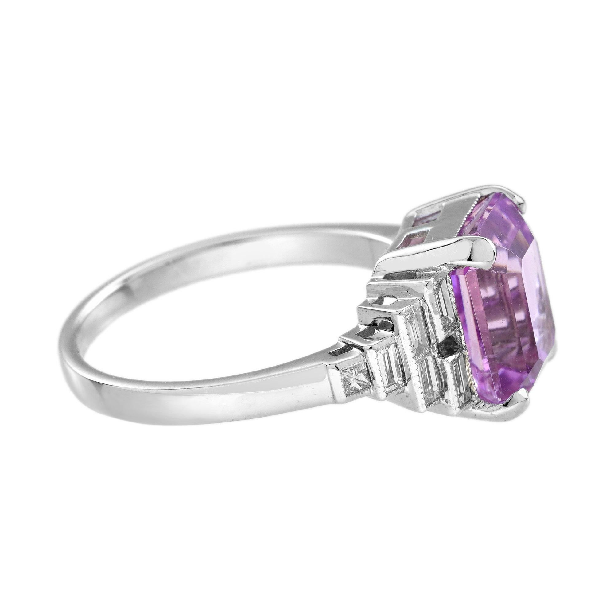 Pink Kunzite Baguette Diamond Art Deco Style Engagement Ring in 18K White Gold In New Condition For Sale In Bangkok, TH