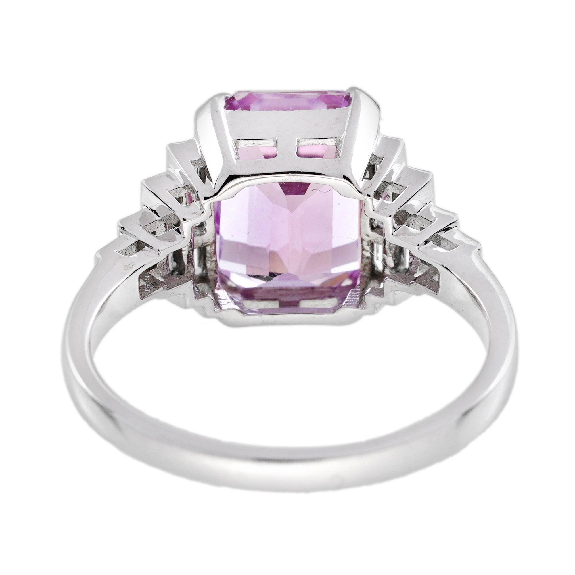Women's Pink Kunzite Baguette Diamond Art Deco Style Engagement Ring in 18K White Gold For Sale