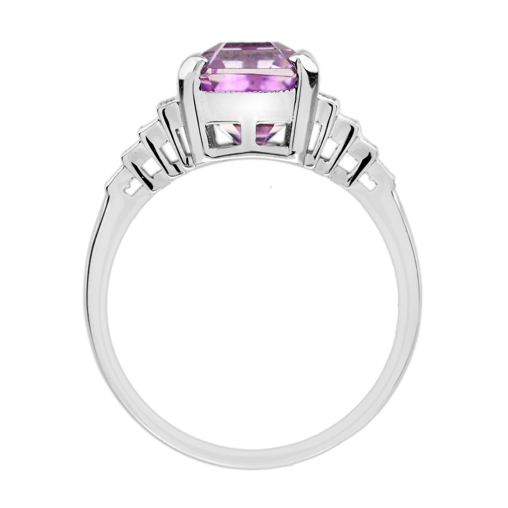 Pink Kunzite Baguette Diamond Art Deco Style Engagement Ring in 18K White Gold For Sale 1
