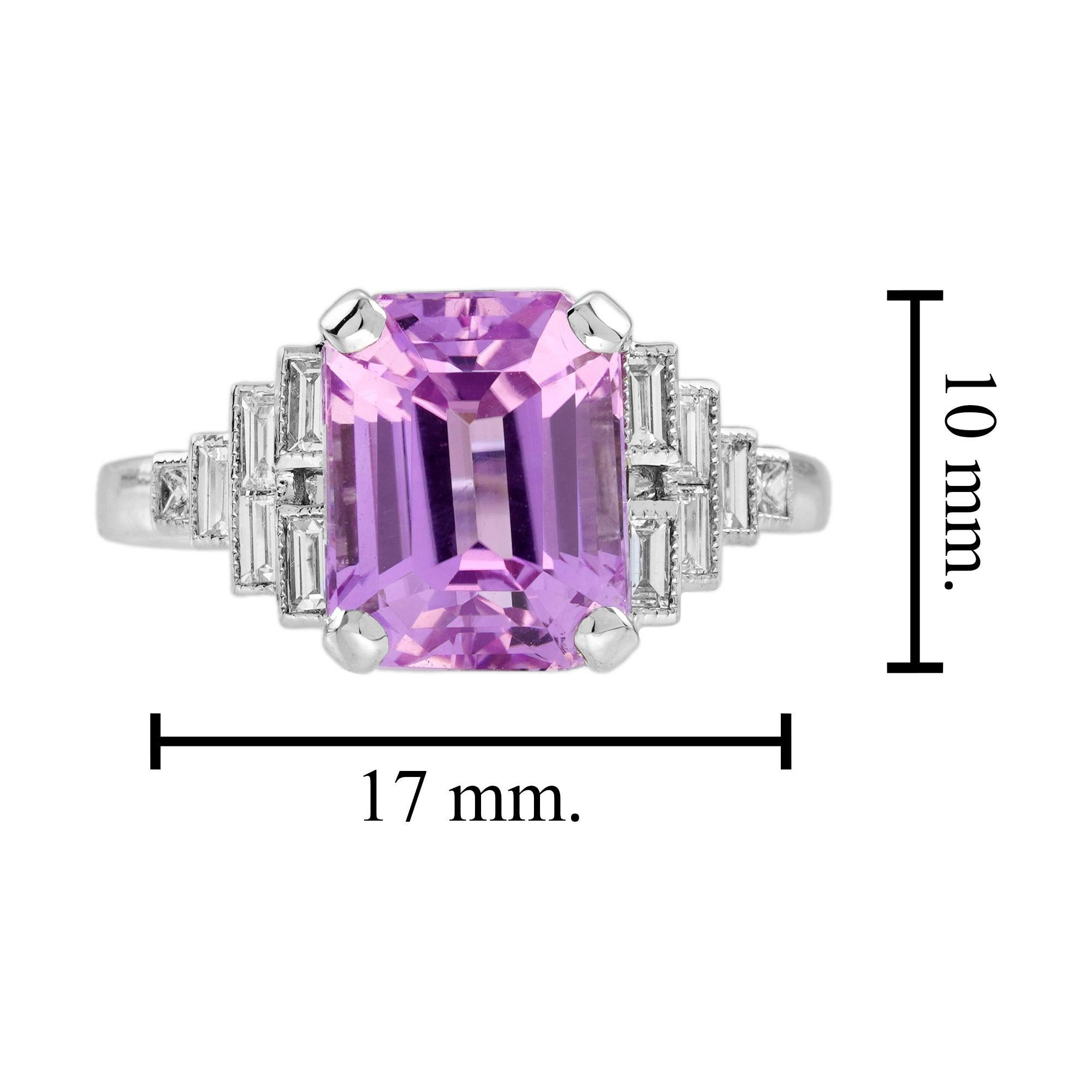 Pink Kunzite Baguette Diamond Art Deco Style Engagement Ring in 18K White Gold For Sale 2