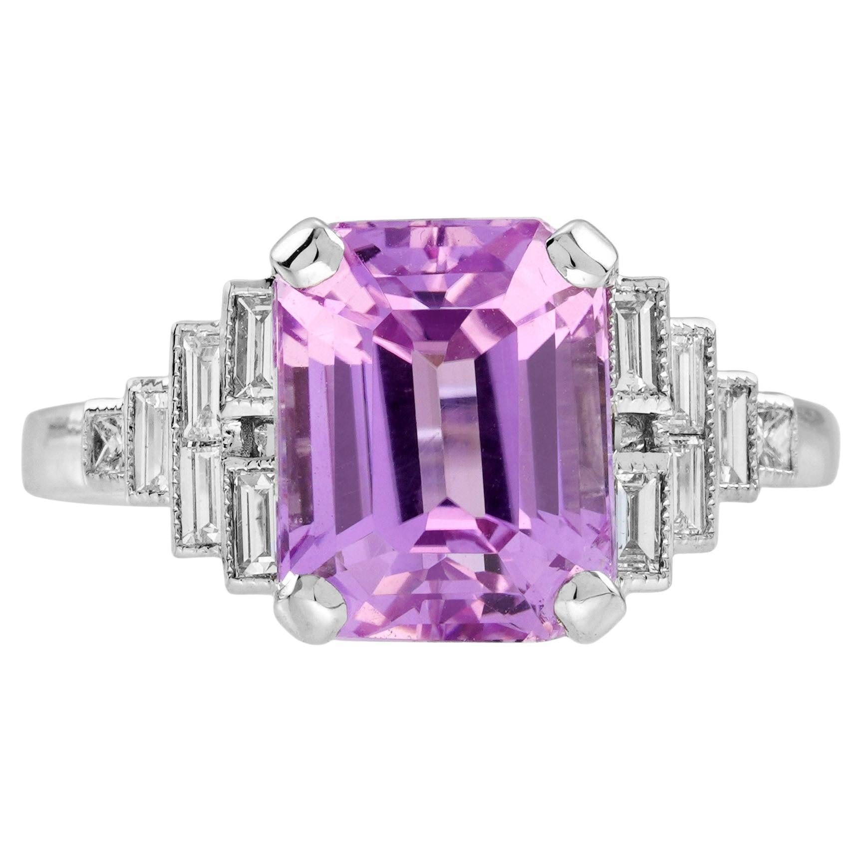 Pink Kunzite Baguette Diamond Art Deco Style Engagement Ring in 18K White Gold