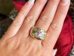 Pink Kunzite Green Tsavorite Garnet Diamond Cigar Band Ring in 14k Yellow Gold