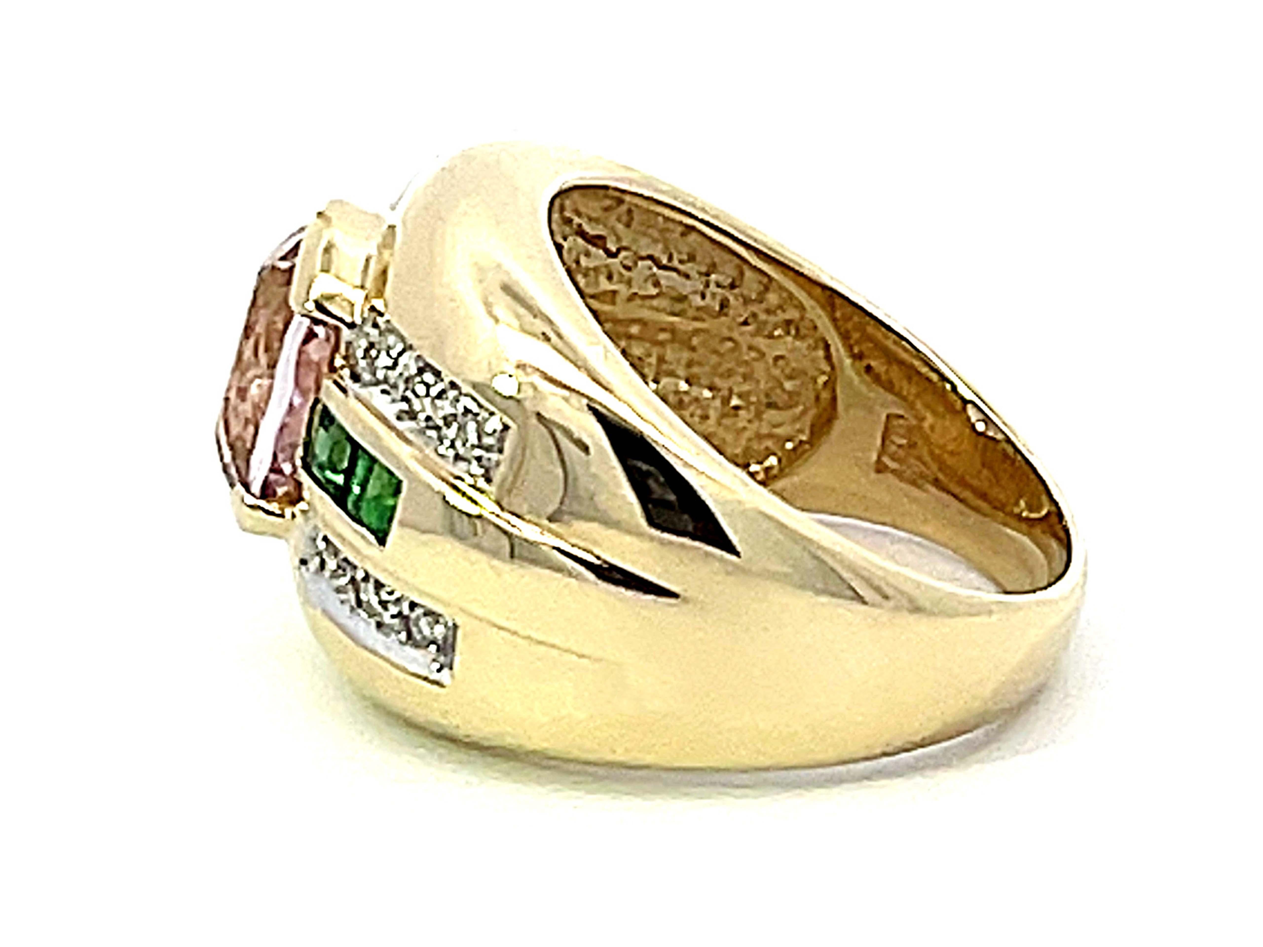 Oval Cut Pink Kunzite Green Tsavorite Garnet Diamond Cigar Band Ring in 14k Yellow Gold For Sale