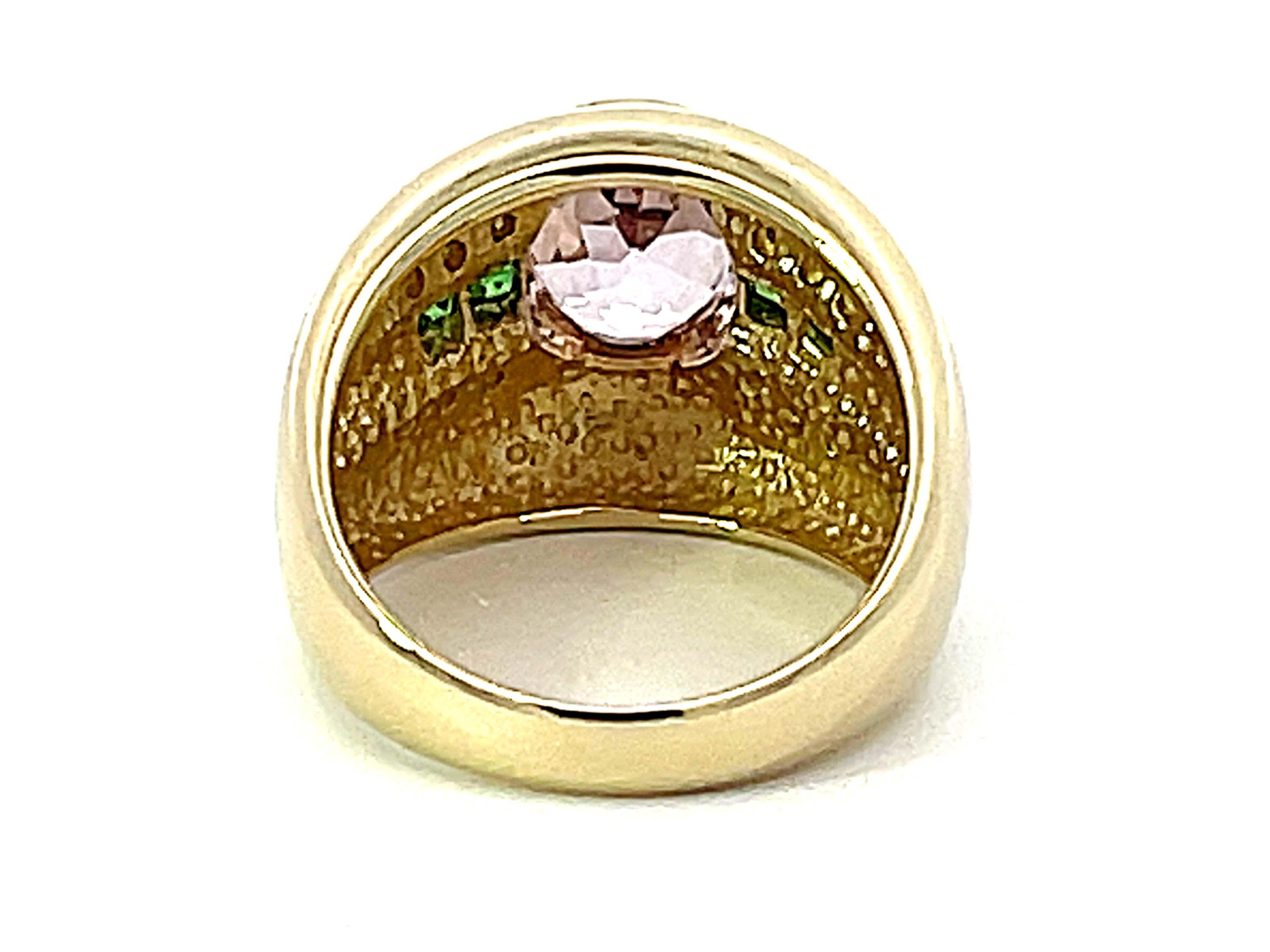 Bague à anneau cigare en or jaune 14 carats avec kunzite rose, grenat tsavorite vert et diamants en vente 1