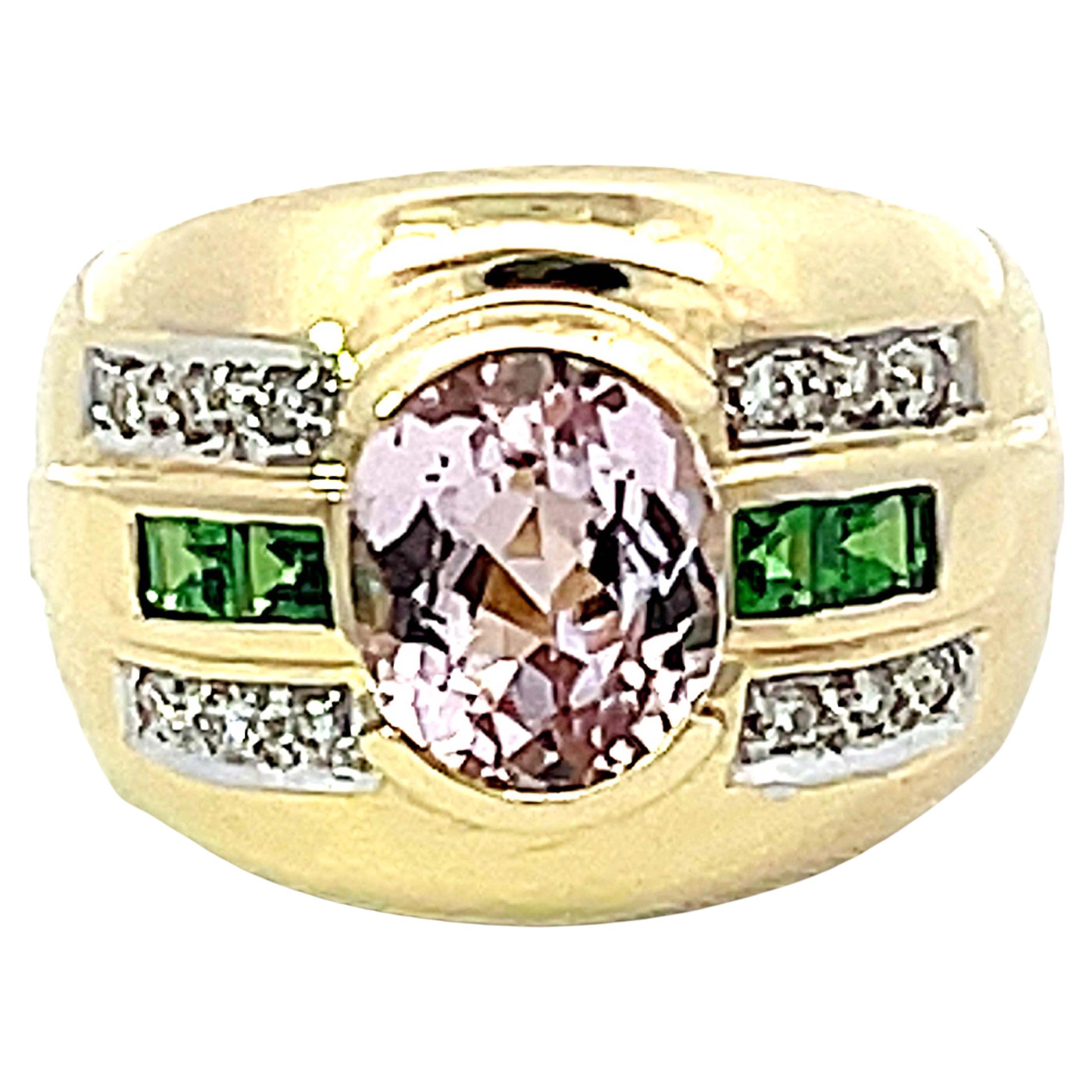 Pink Kunzite Green Tsavorite Garnet Diamond Cigar Band Ring in 14k Yellow Gold