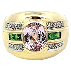Antique Pink Kunzite Green Tsavorite Garnet Diamond Cigar Band Ring in 14k Yellow Gold