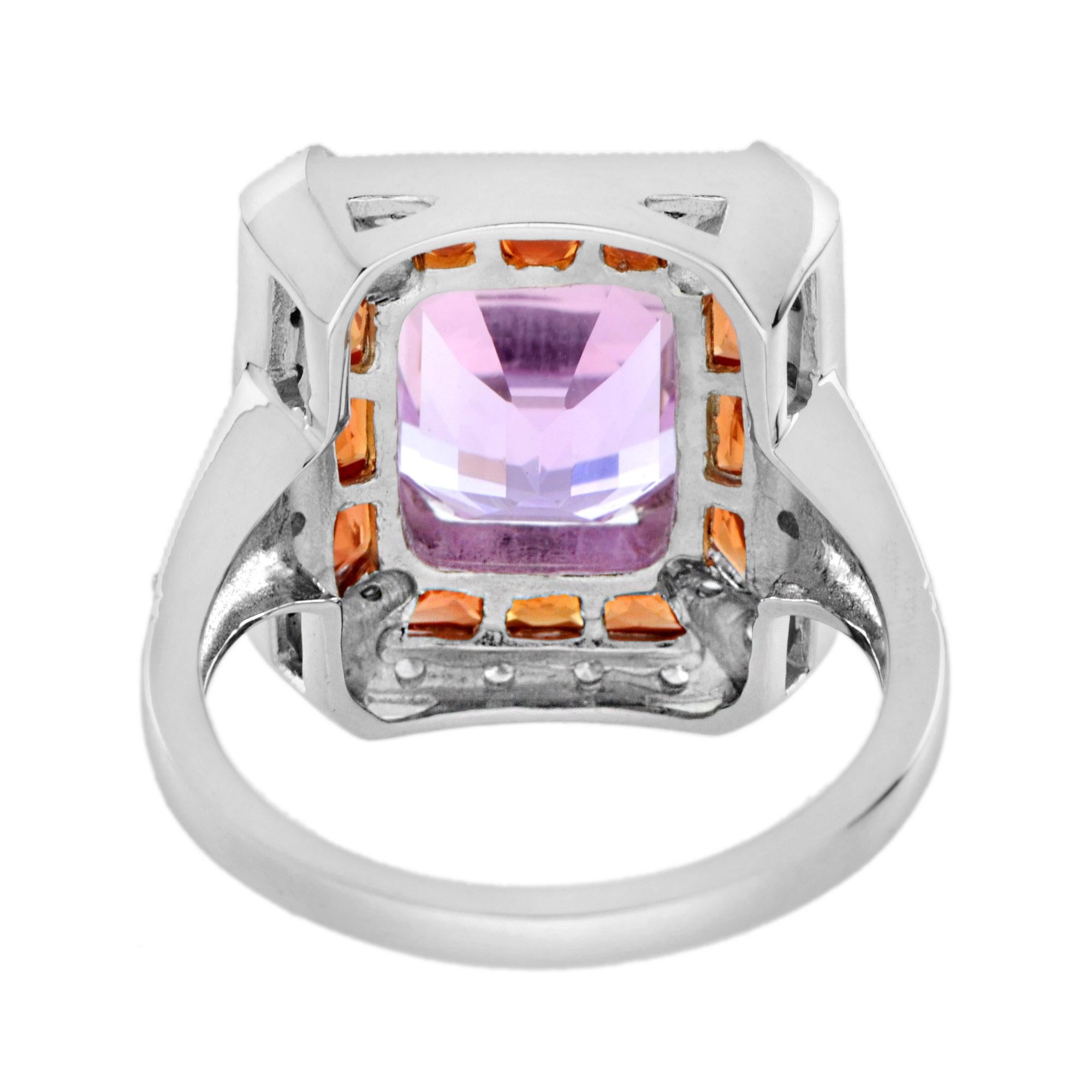 Women's Pink Kunzite Orange Sapphire and Diamond Art Deco Style Halo Ring in White Gold For Sale