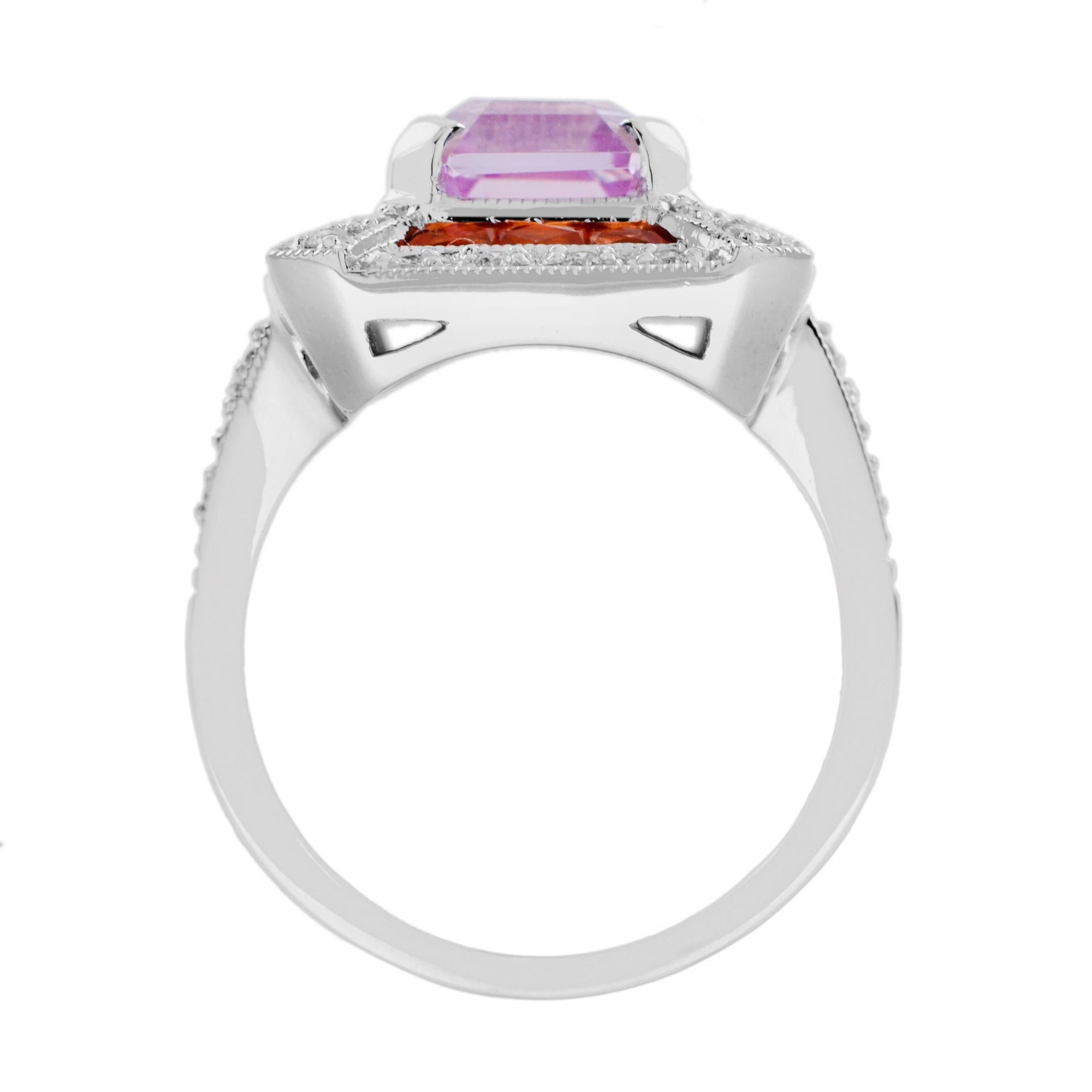Pink Kunzite Orange Sapphire and Diamond Art Deco Style Halo Ring in White Gold For Sale 1