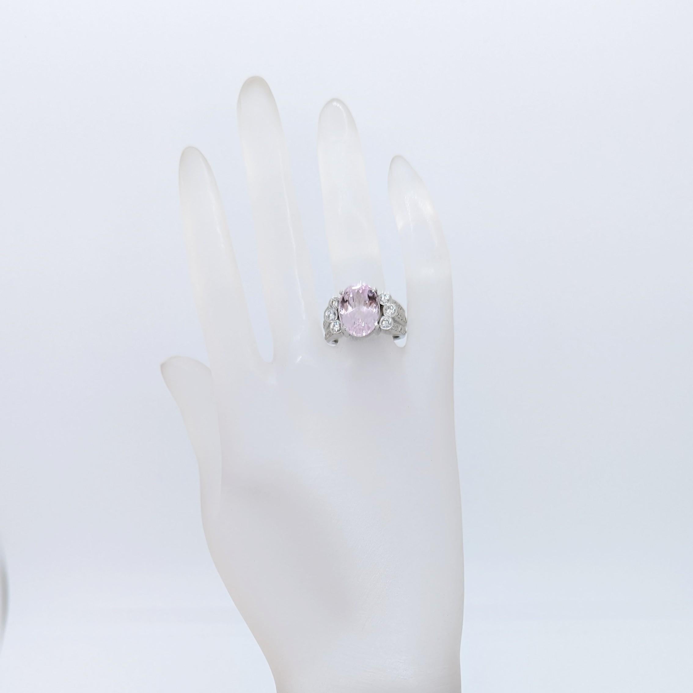 Oval Cut Pink Kunzite Oval and White Round Diamond Cocktail Ring in Platinum 