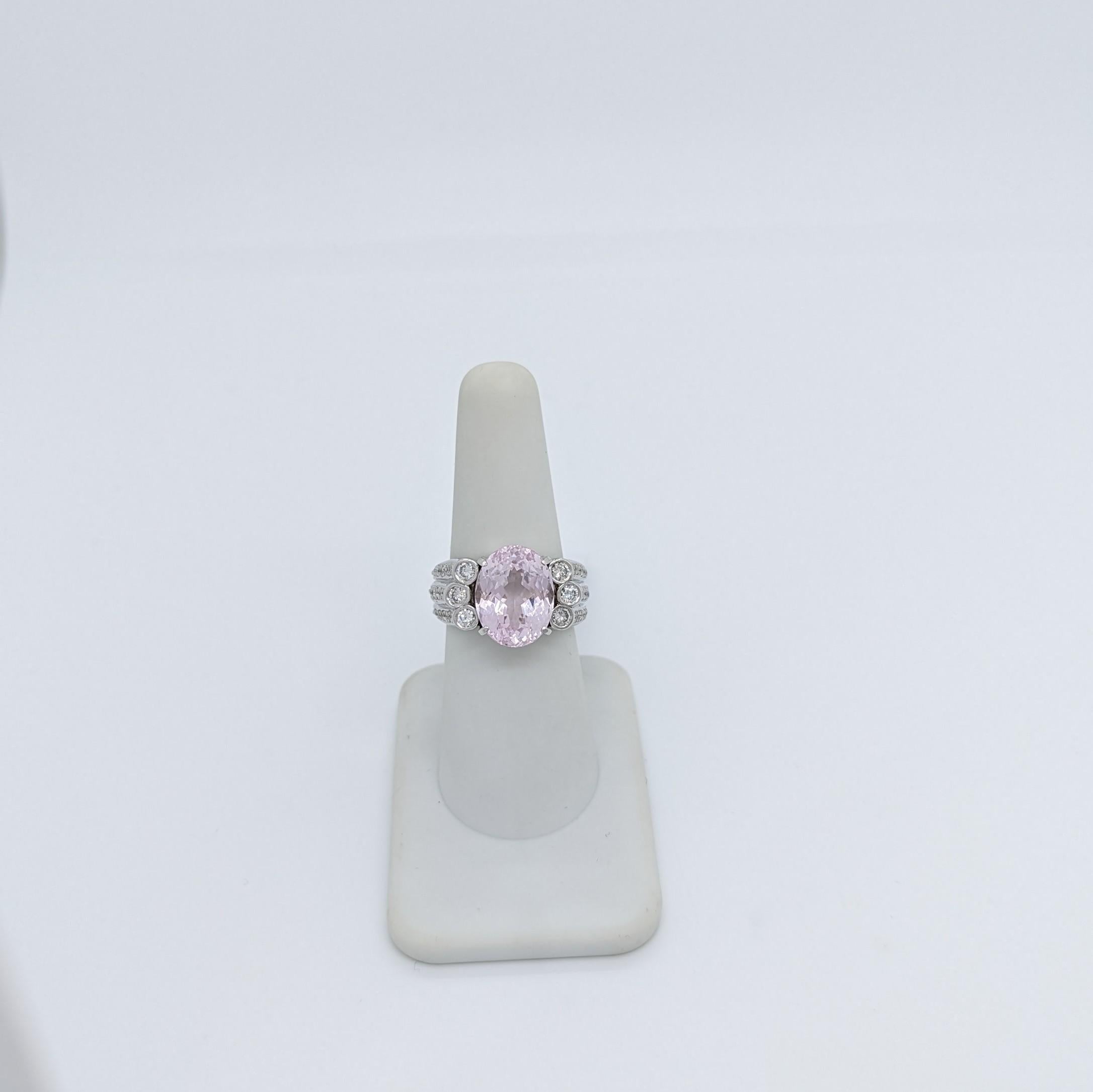 Pink Kunzite Oval and White Round Diamond Cocktail Ring in Platinum  In New Condition In Los Angeles, CA