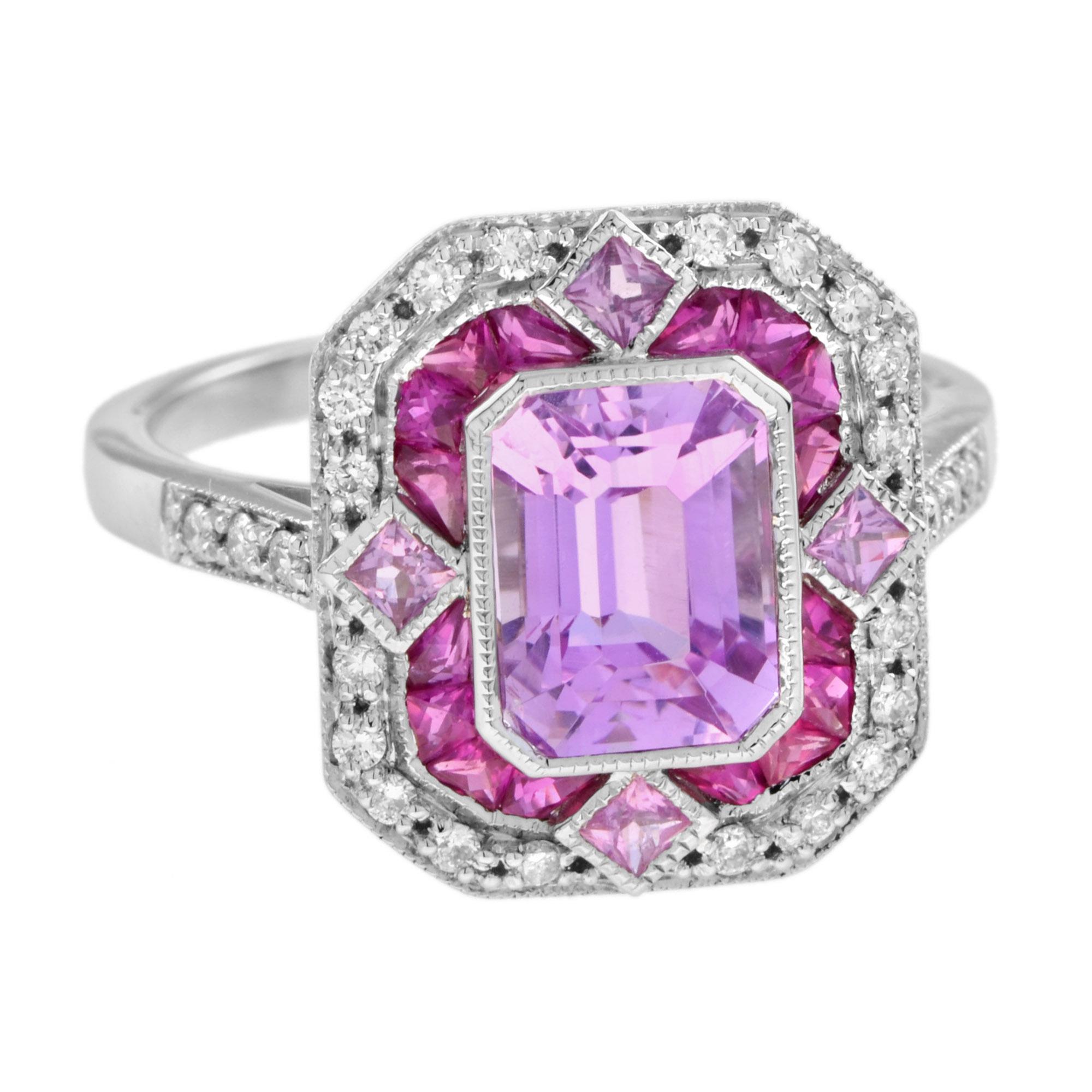 Art Deco Pink Kunzite Ruby Pink Sapphire Diamond Engagement Ring in 18k White Gold For Sale