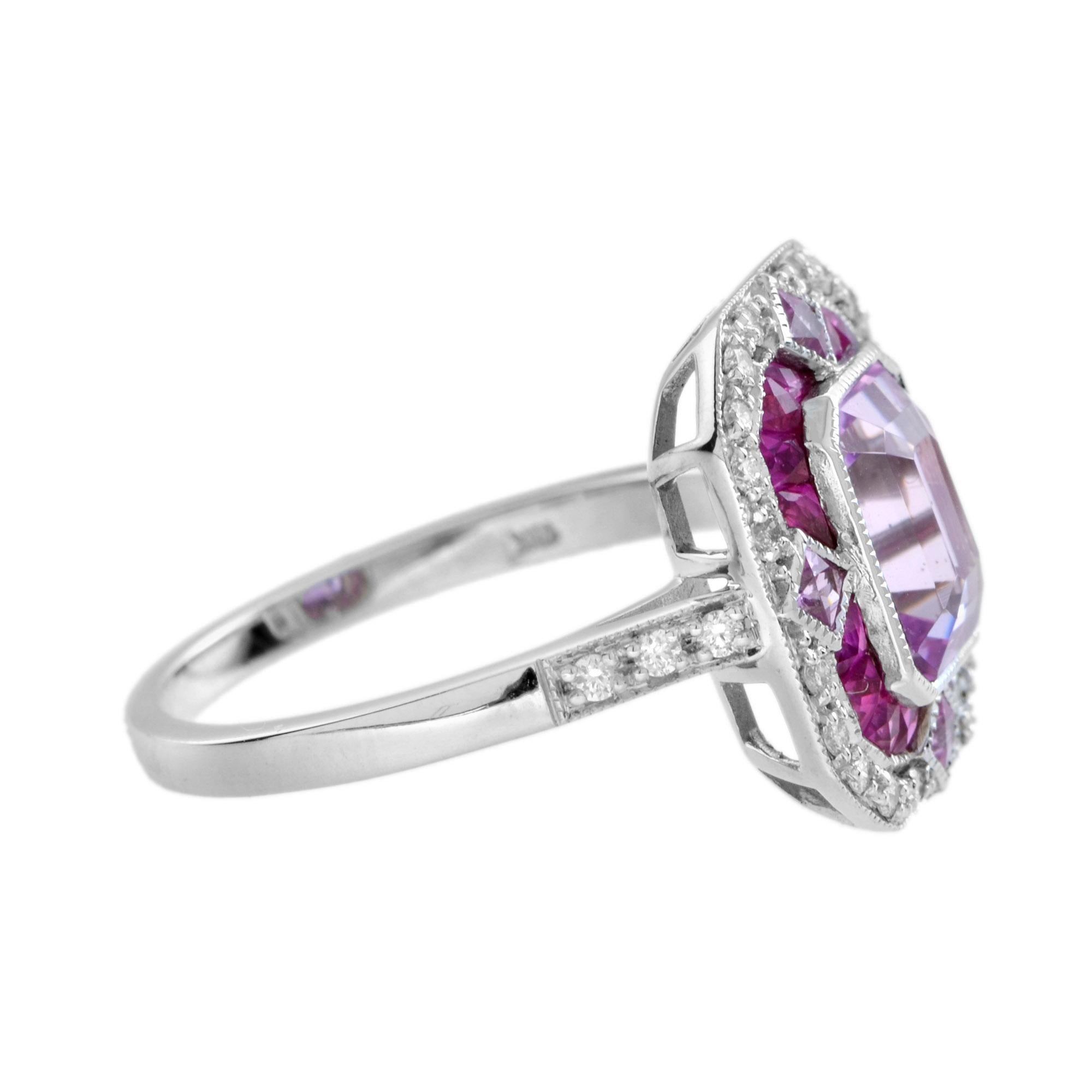 Emerald Cut Pink Kunzite Ruby Pink Sapphire Diamond Engagement Ring in 18k White Gold For Sale