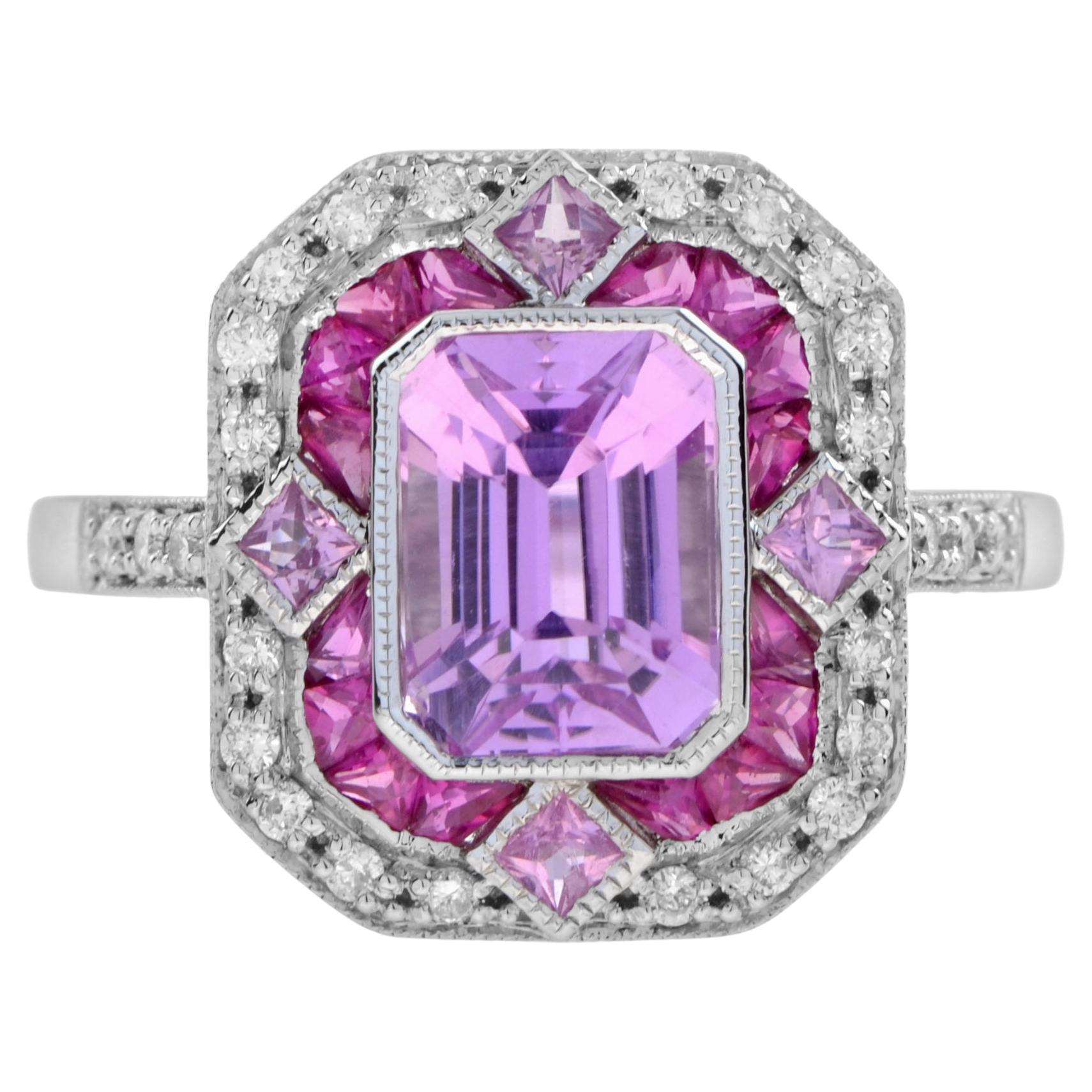 Pink Kunzite Ruby Pink Sapphire Diamond Engagement Ring in 18k White Gold For Sale