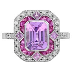Pink Kunzite Ruby Pink Sapphire Diamond Engagement Ring in 18k White Gold