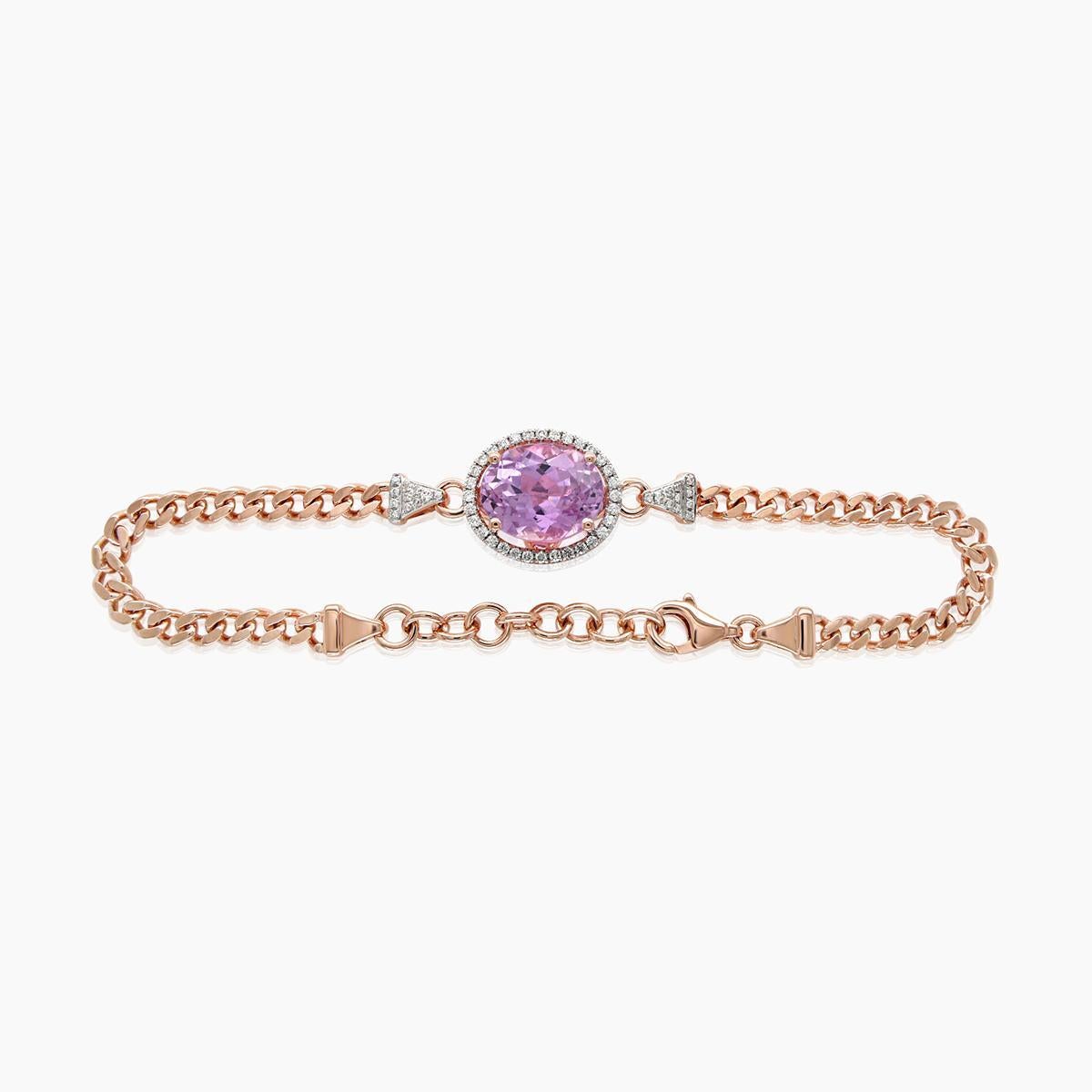 Pink Kunzite & White Diamond 18K Rose Gold Charm Oval Shape Bracelet In New Condition For Sale In Oakton, VA