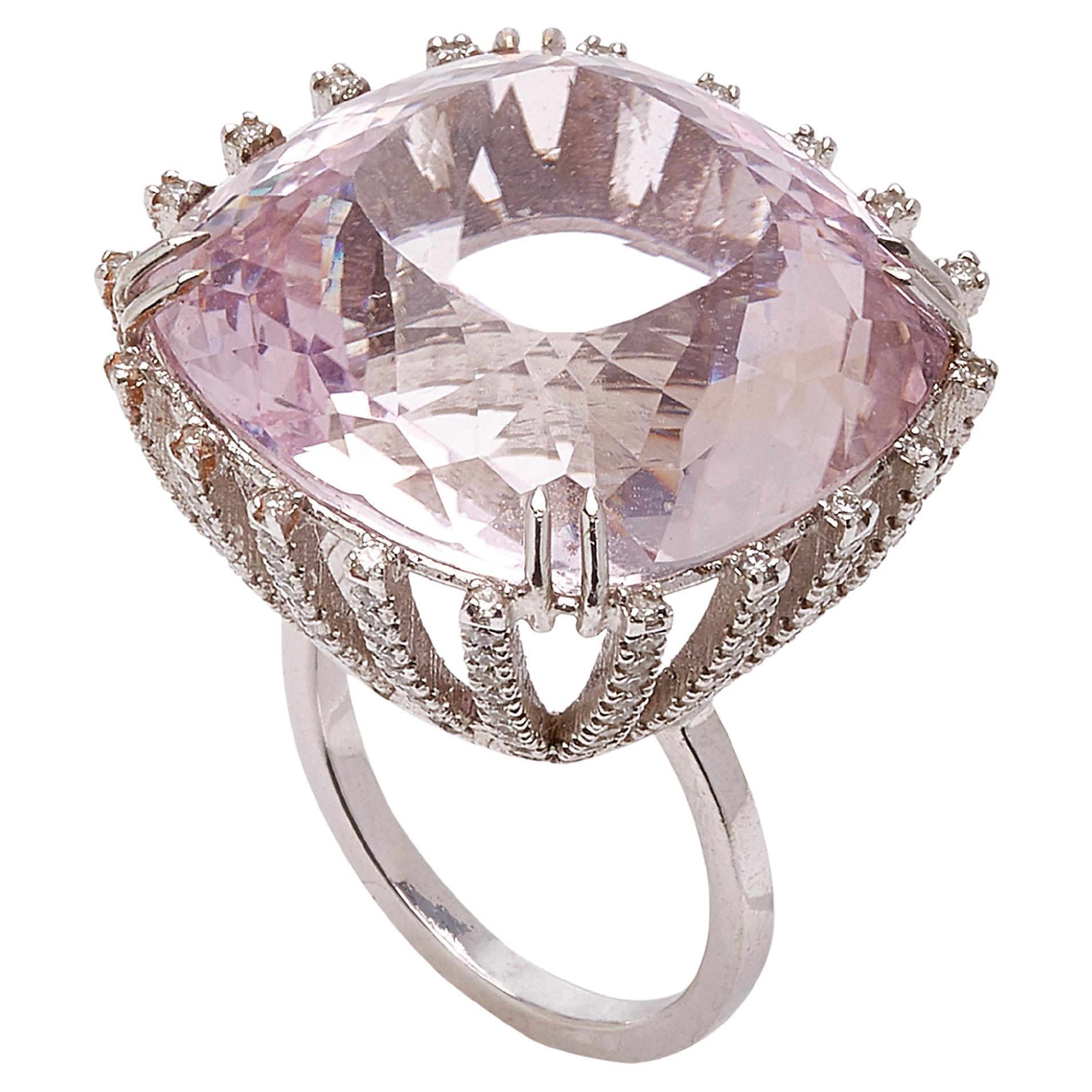 Pink Kunzite & White Diamonds Cocktail Ring in 18k White Gold For Sale