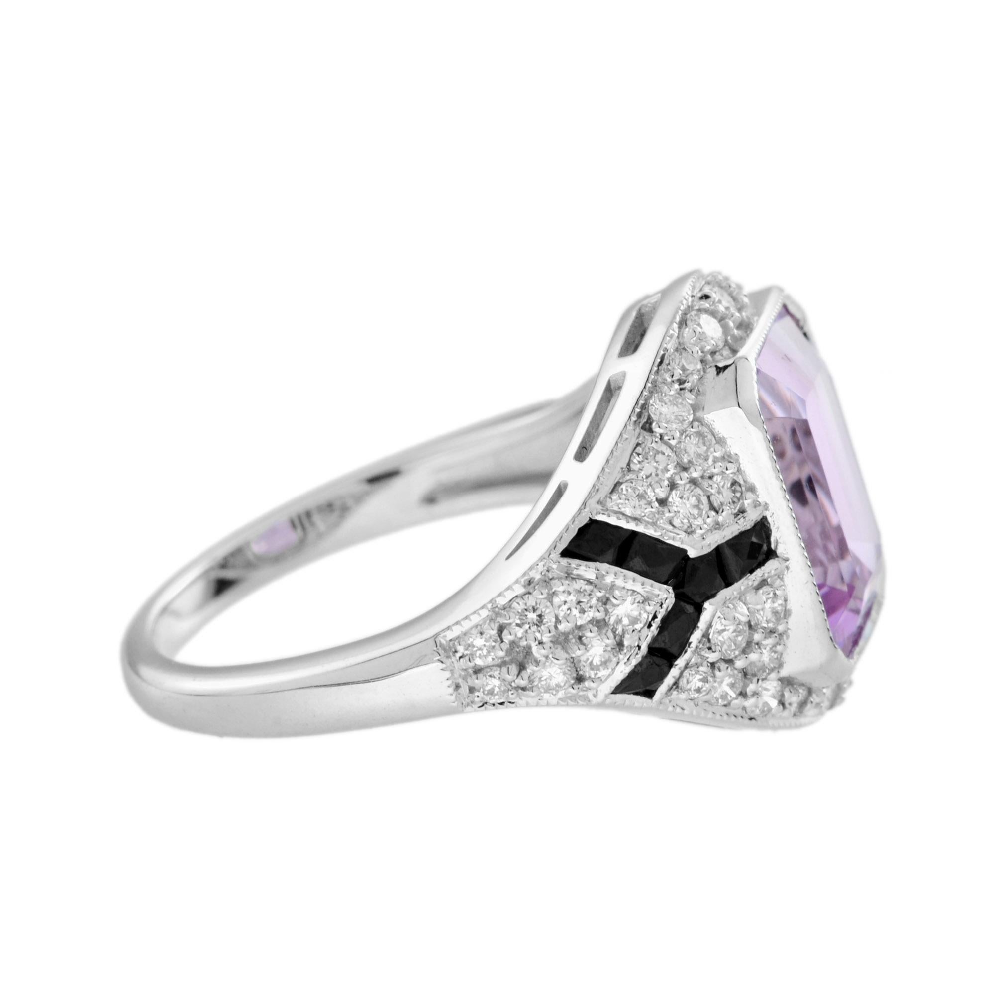 Emerald Cut Pink Kunzite with Diamond and Onyx Art Deco Style Engagement Ring in 18k Gold For Sale