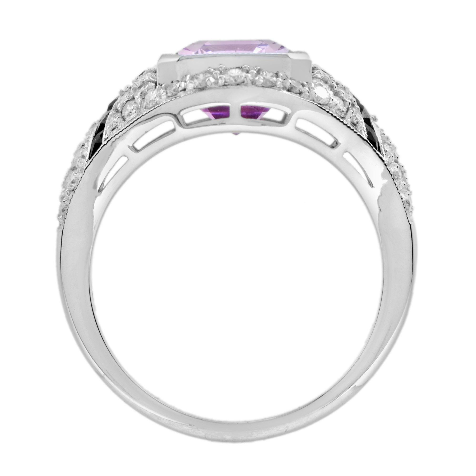 Women's Pink Kunzite with Diamond and Onyx Art Deco Style Engagement Ring in 18k Gold For Sale