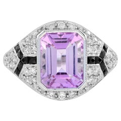 Pink Kunzite with Diamond and Onyx Art Deco Style Engagement Ring in 18k Gold
